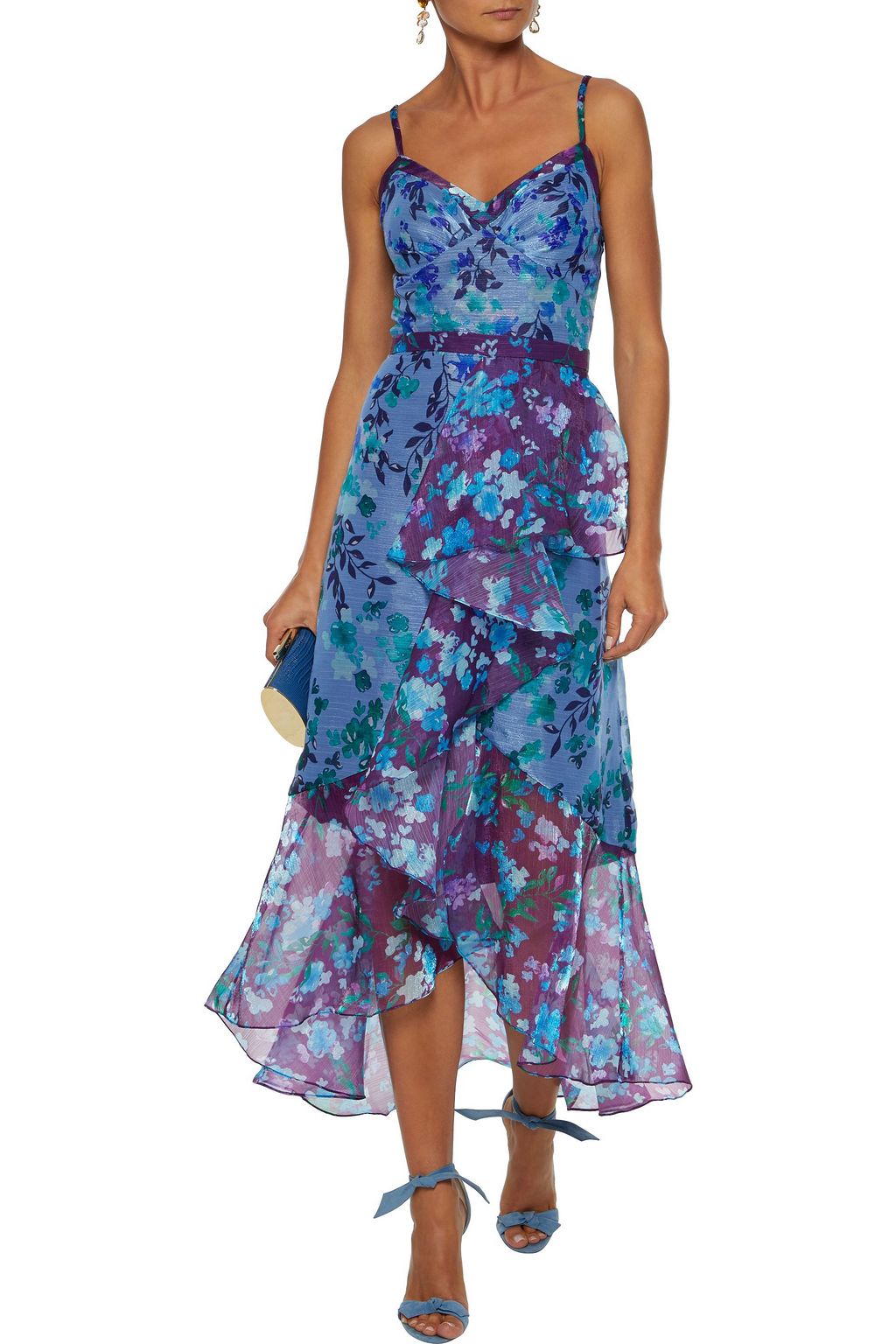 Blue Draped Floral Print Metallic Chiffon Midi Dress Sale Up To 70 Off The Outnet Marchesa Notte The Outnet
