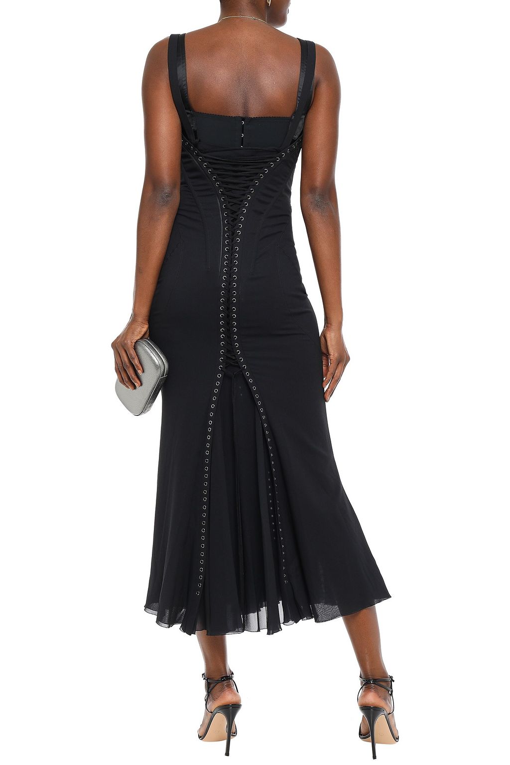 DOLCE&GABBANA Lace-up satin-trimmed silk-blend crepe midi dress
