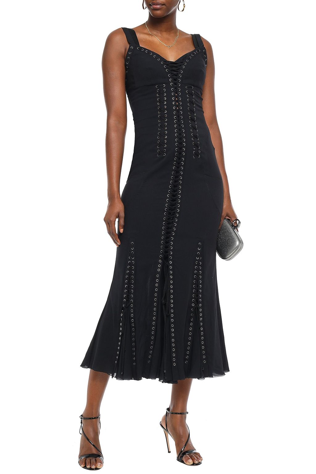DOLCE&GABBANA Lace-up satin-trimmed silk-blend crepe midi dress