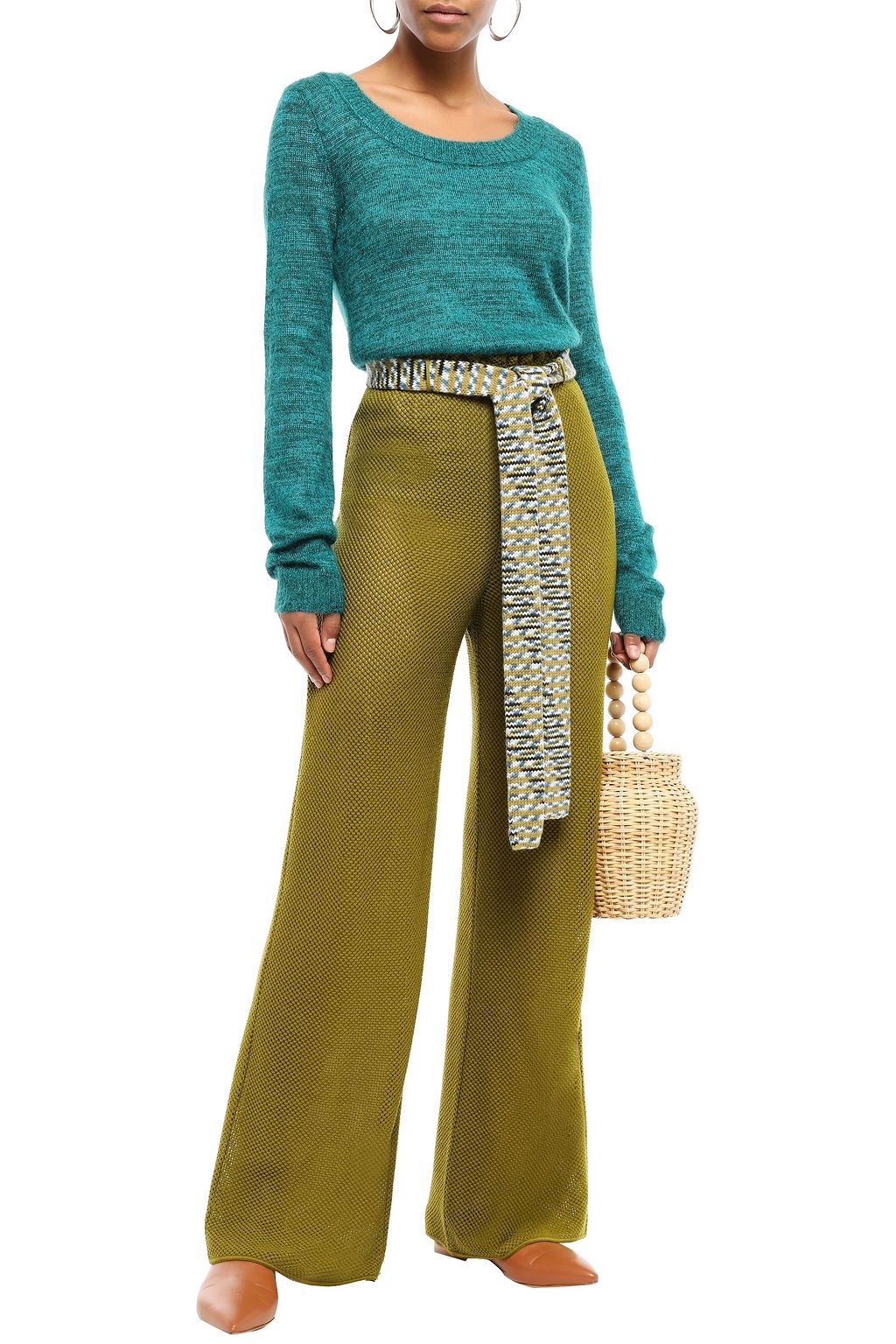 MISSONI Belted pointelle-knit wool wide-leg pants