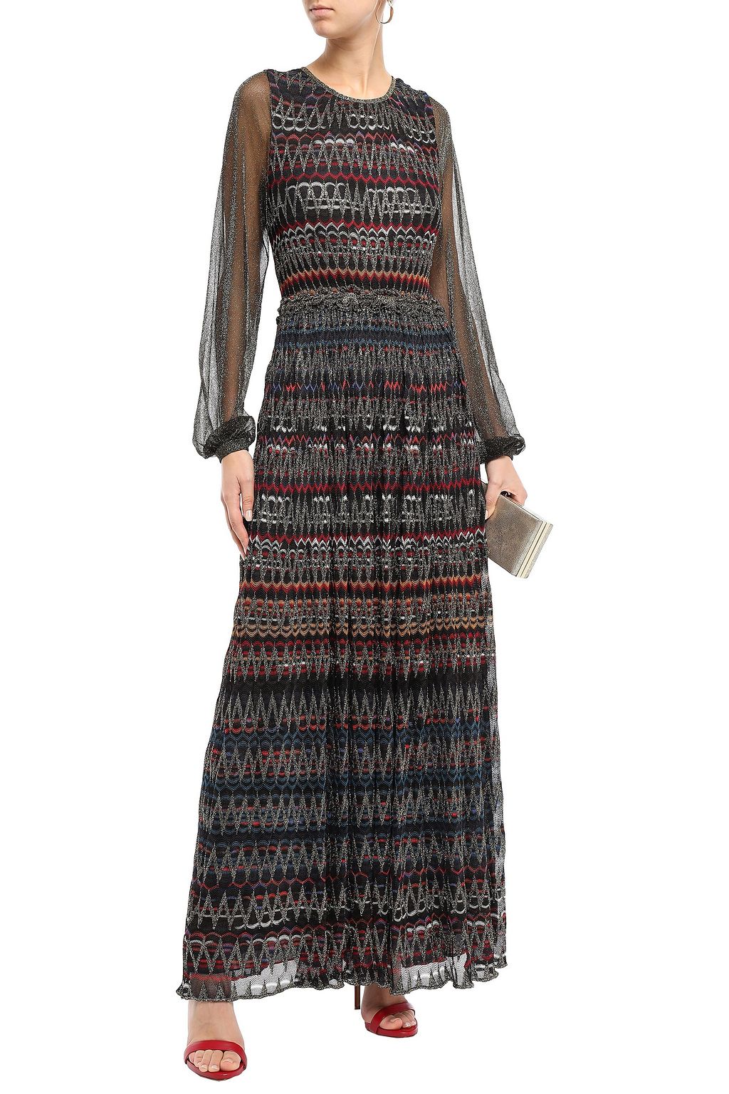 MISSONI Paneled metallic crochet-knit maxi dress
