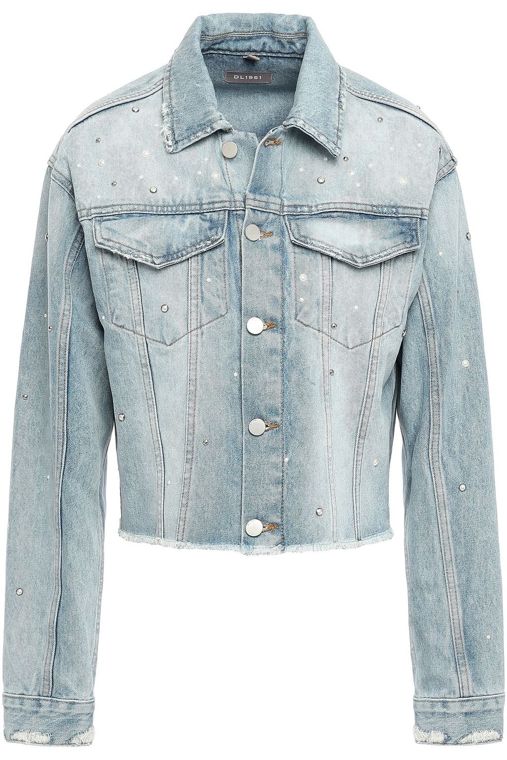 distressed denim jacket with pearls