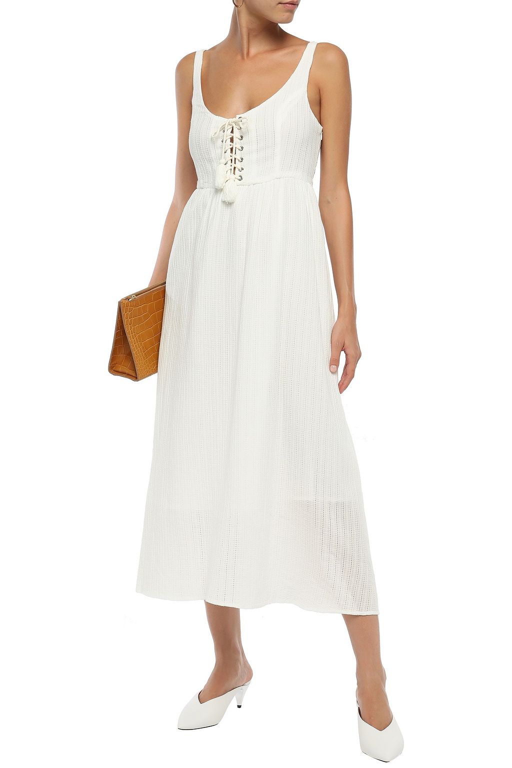 white tasseled embroidered midi dress