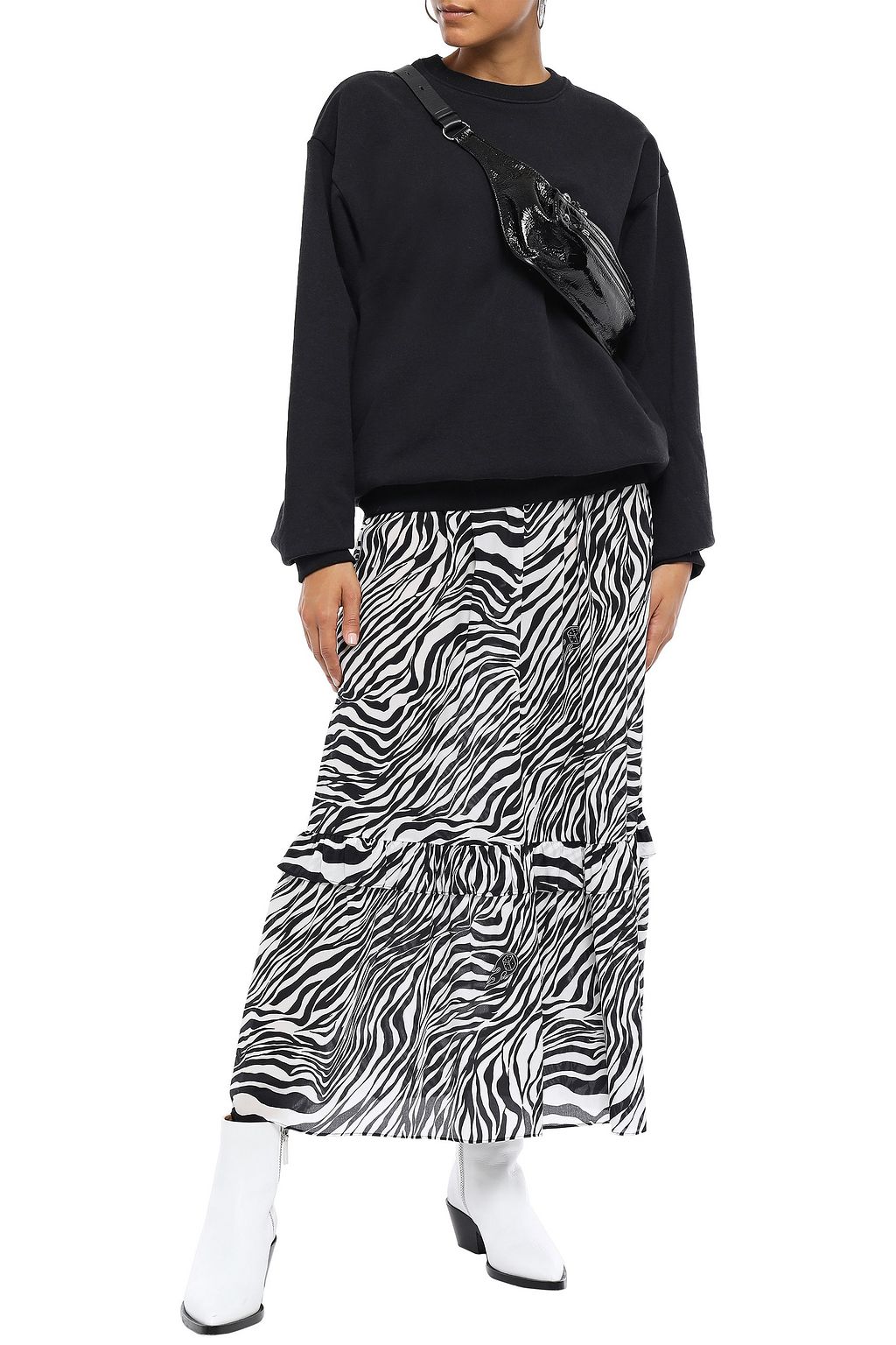 MCQ ALEXANDER MCQUEEN Tiered zebra-print silk crepe de chine midi skirt