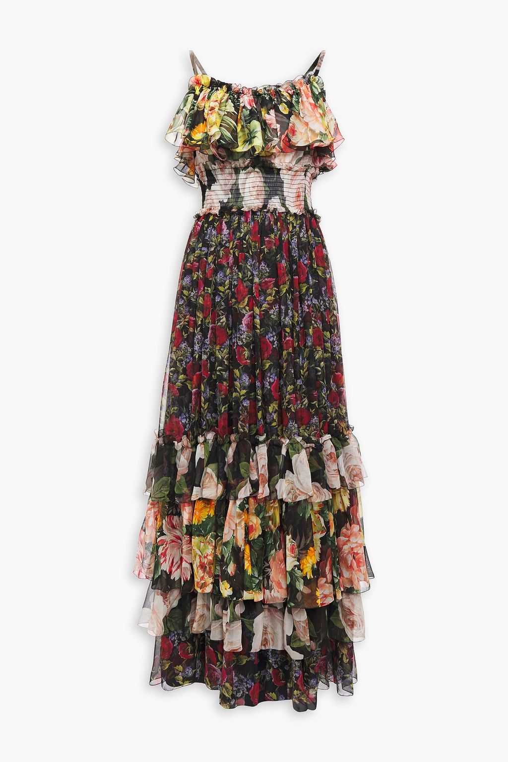 Tiered shirred floral print silk voile maxi dress black IT 36