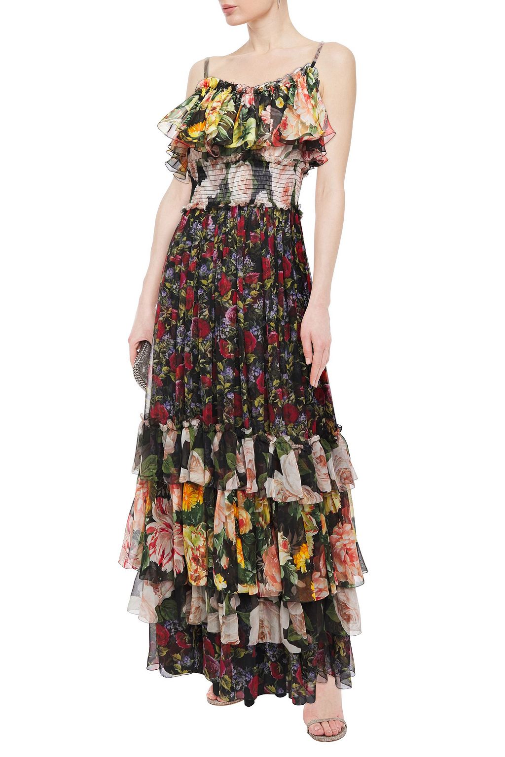 DOLCE&GABBANA Tiered shirred floral-print silk-voile maxi dress