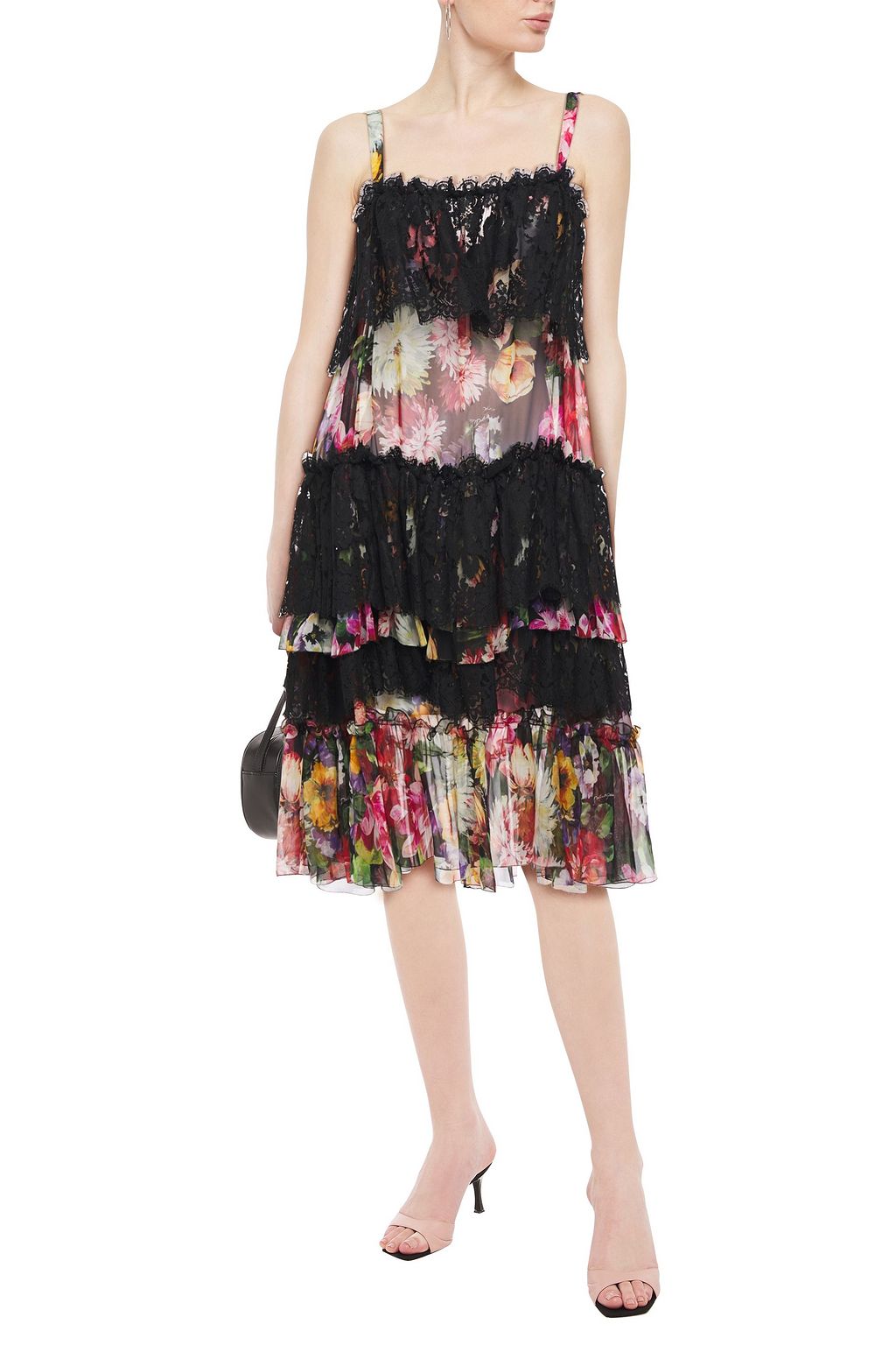 DOLCE&GABBANA Tiered floral-print silk-blend voile and lace dress