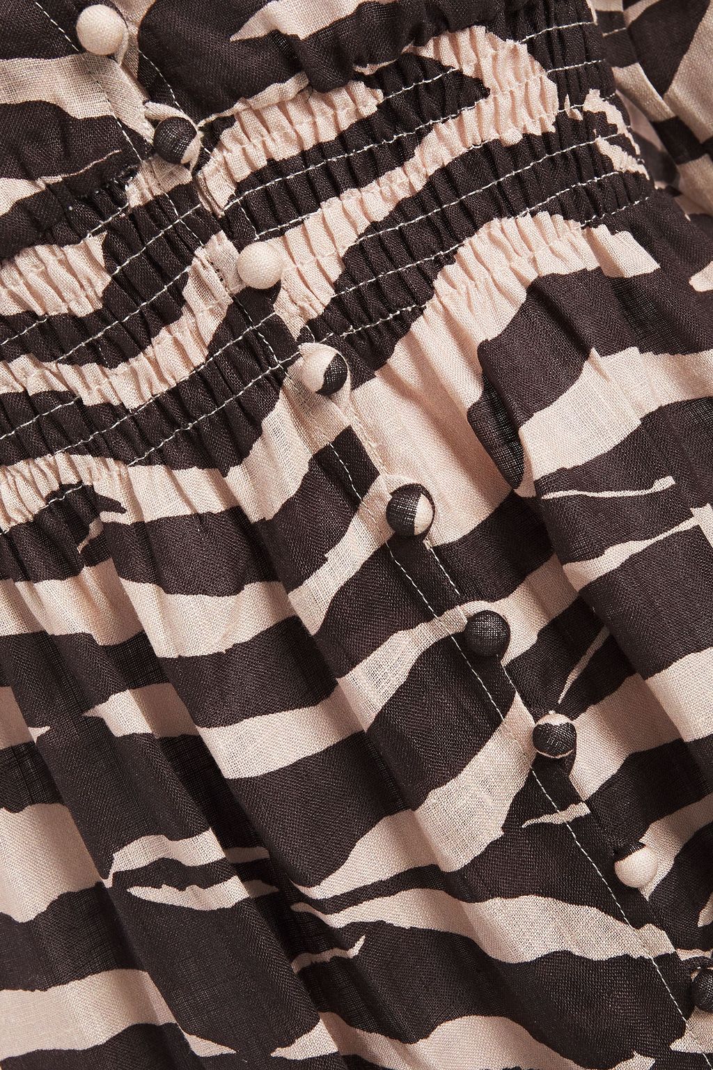 ZIMMERMANN Shirred zebra-print linen-gauze midi dress