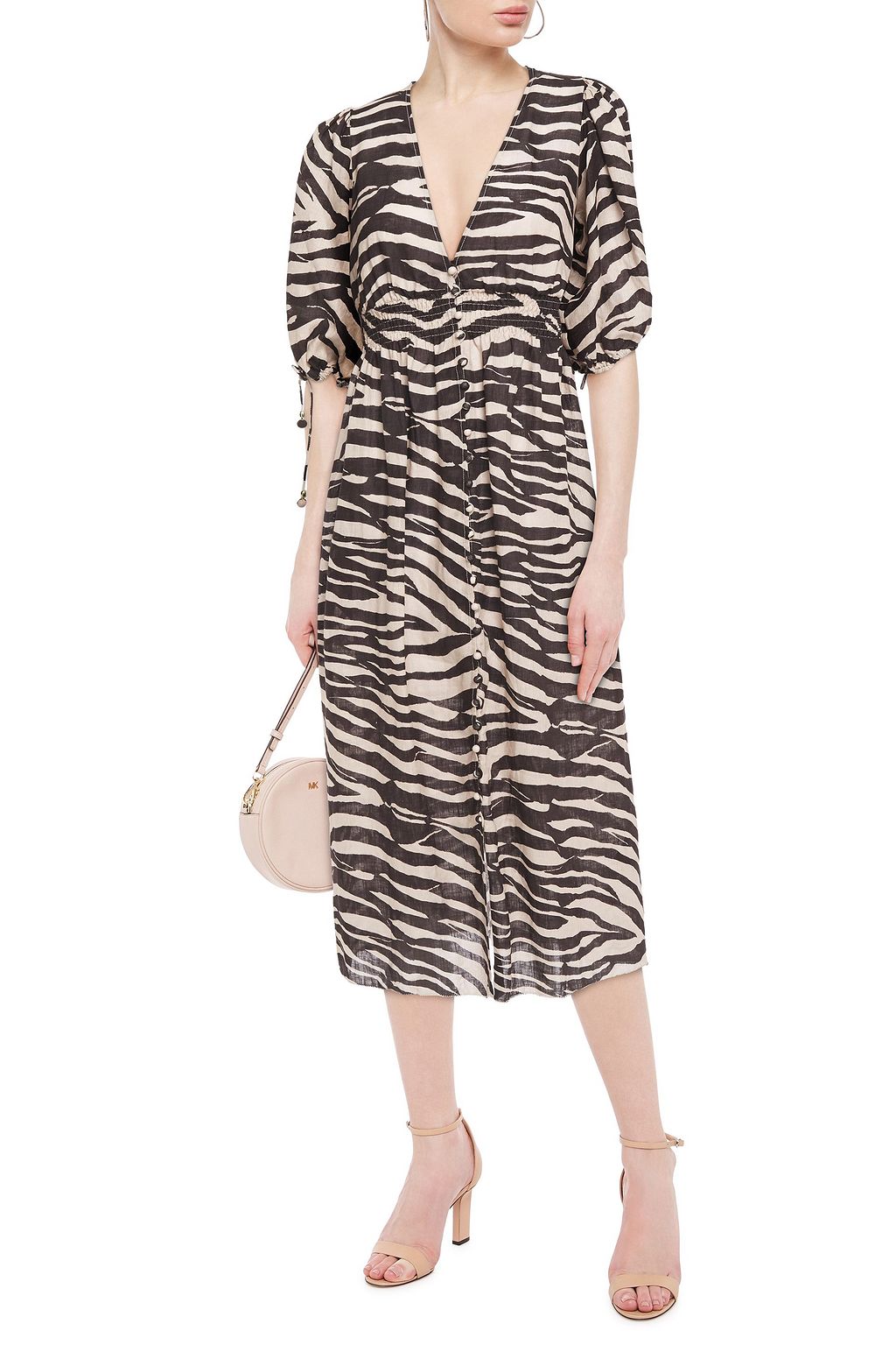 ZIMMERMANN Shirred zebra-print linen-gauze midi dress