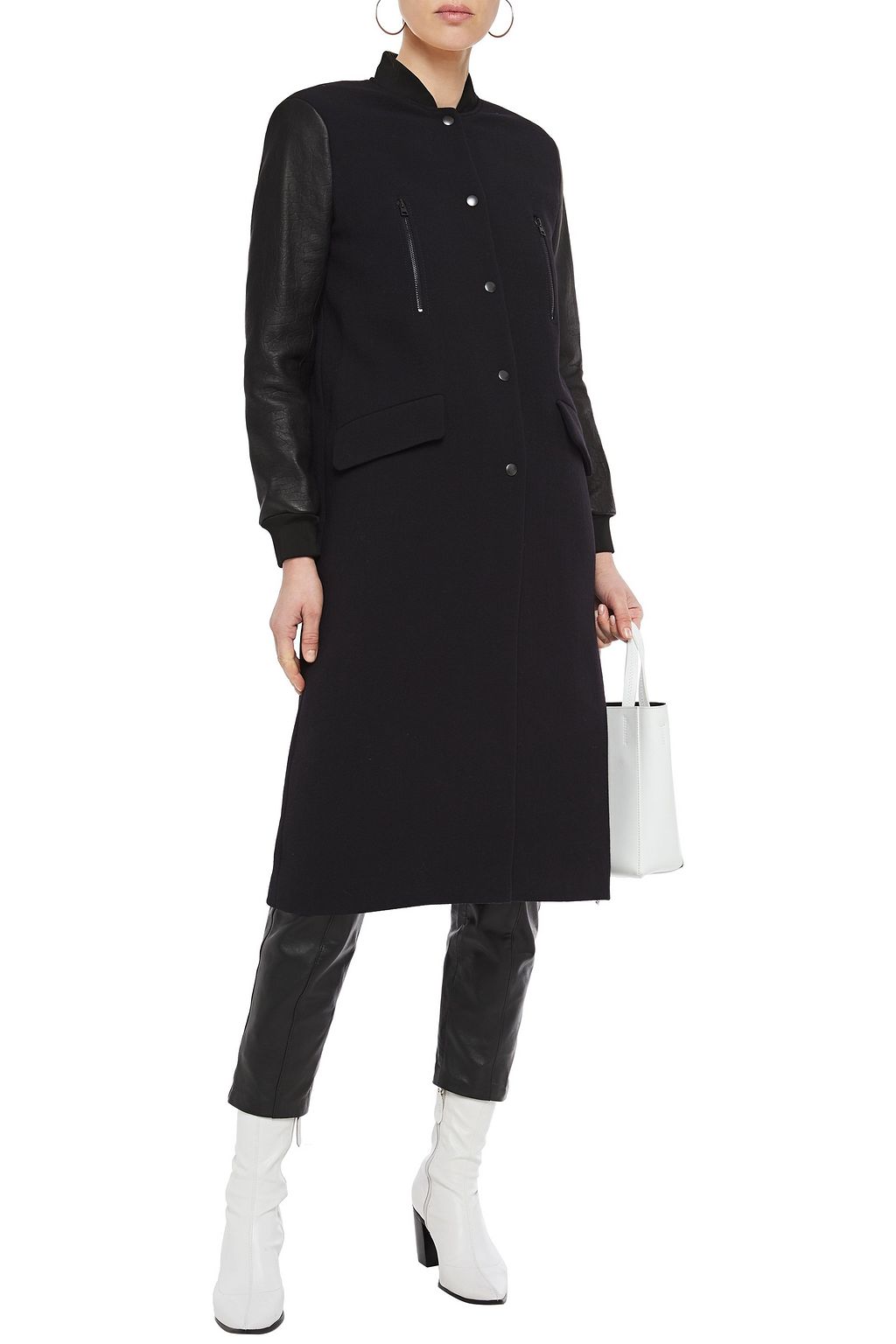 BA&SH Paneled wool-blend crepe and faux leather coat