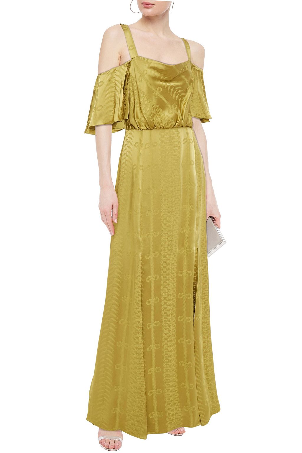 TEMPERLEY LONDON Cold-shoulder ruffled satin-jacquard gown