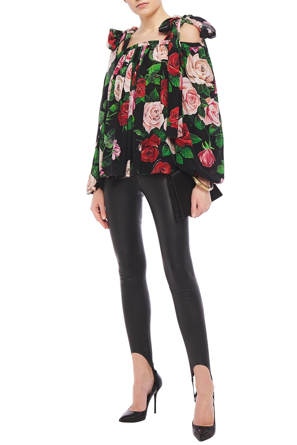 DOLCE&GABBANA Cold-shoulder floral-print silk crepe de chine blouse