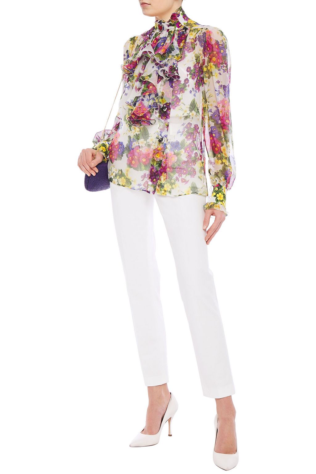 DOLCE&GABBANA Ruffled floral-print silk-blend chiffon blouse