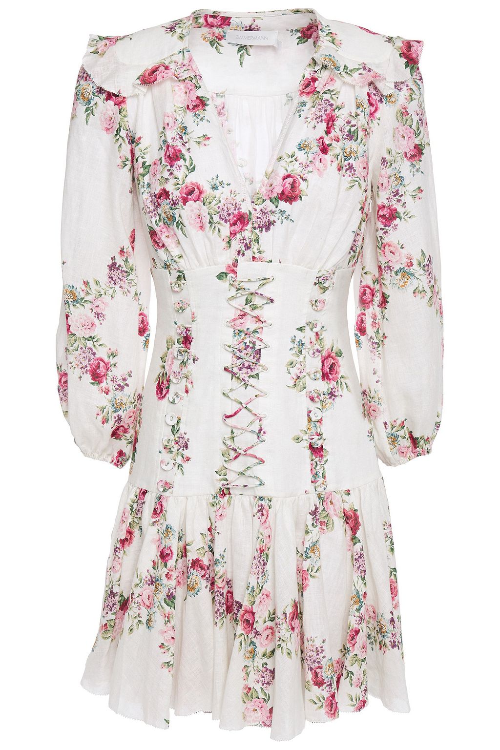 ZIMMERMANN Honour Corset lace-up floral-print linen mini dress | THE OUTNET