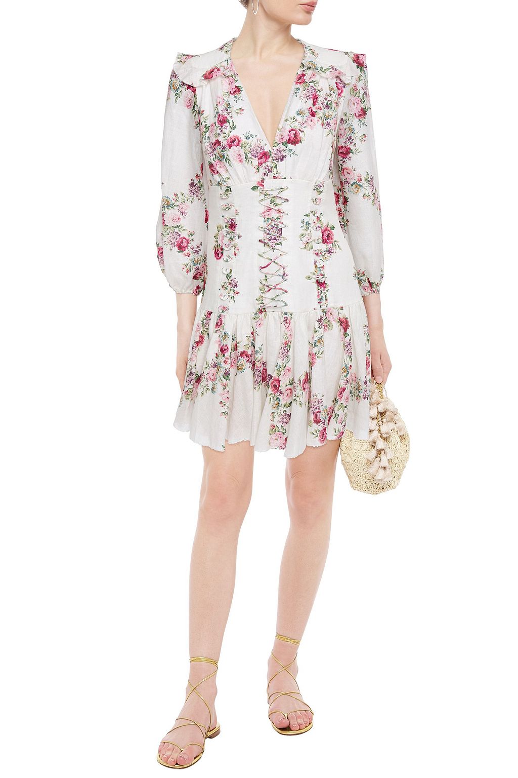 ZIMMERMANN Honour Corset laceup floralprint linen mini dress THE