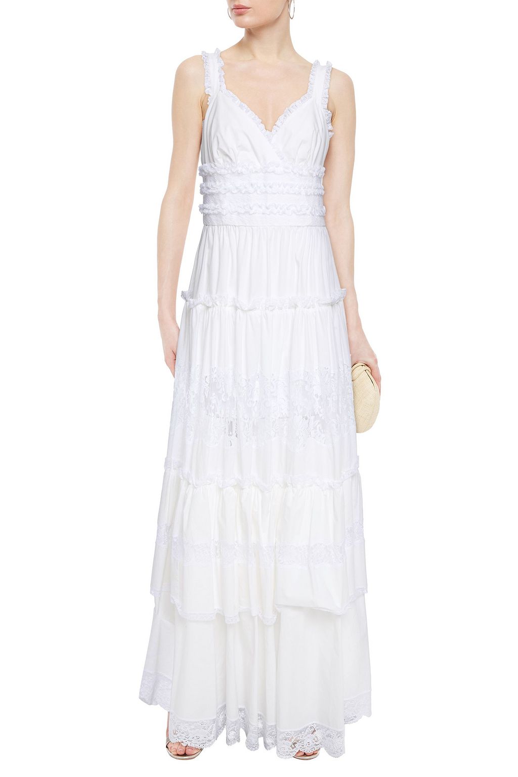 DOLCE&GABBANA Tiered ruffled lace-trimmed cotton-blend poplin maxi dress