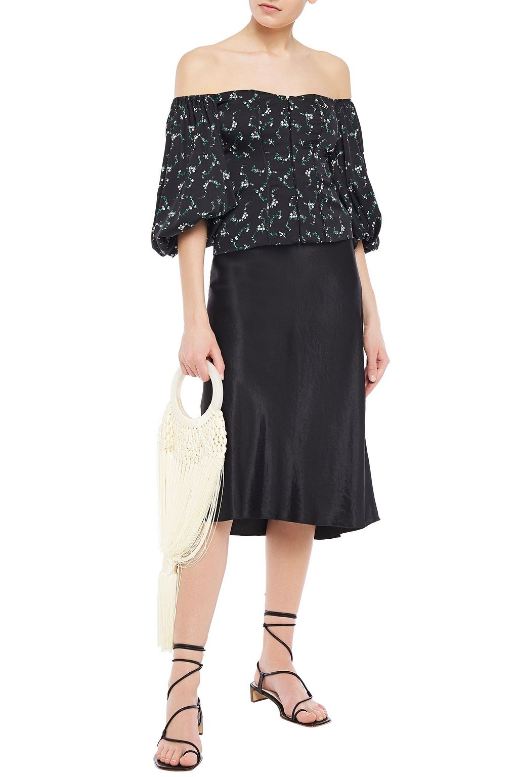 CAROLINE CONSTAS Off-the-shoulder floral-print stretch-silk satin top
