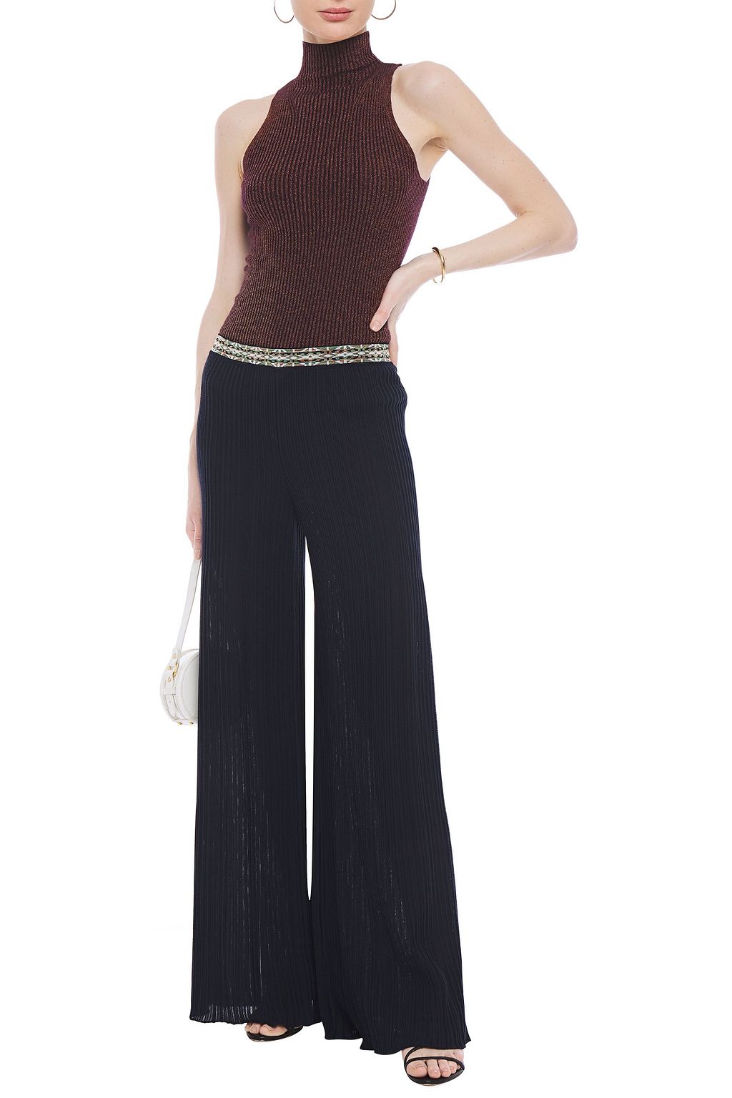 MISSONI Jacquard-trimmed ribbed-knit wide-leg pants
