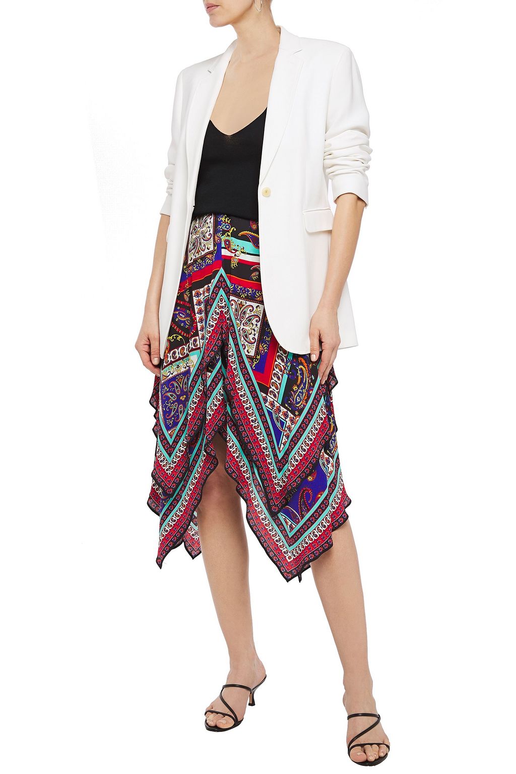 ALICE + OLIVIA Maura asymmetric tiered printed crepe de chine skirt