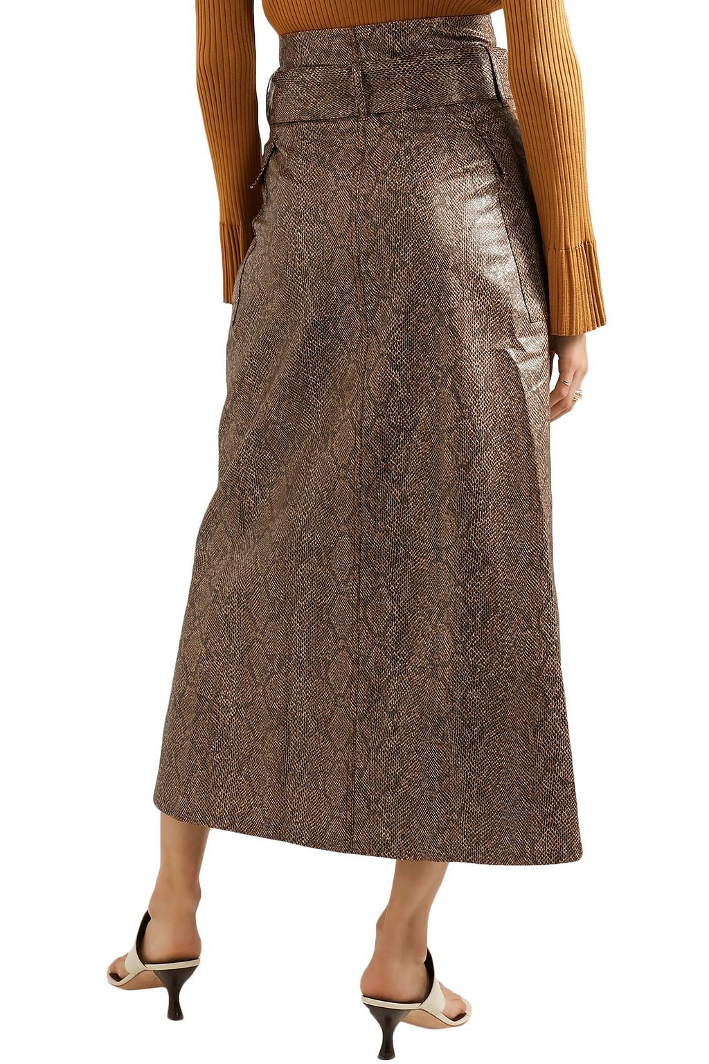 NANUSHKA Aarohi belted snake-effect vegan leather midi skirt