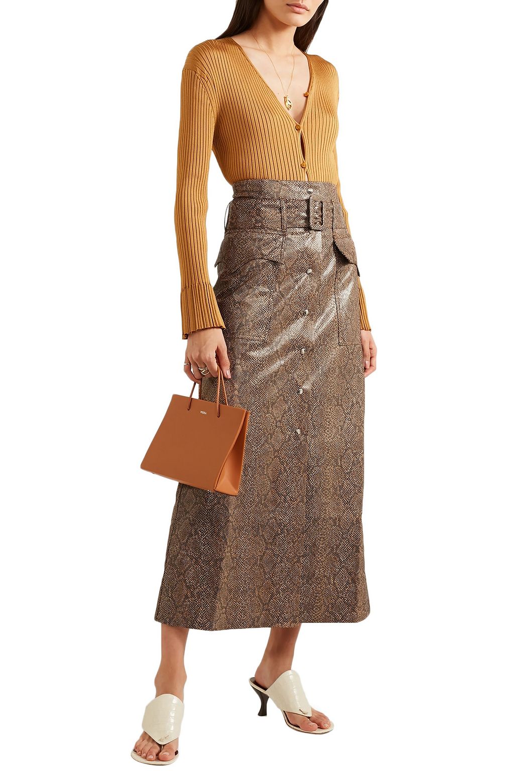 NANUSHKA Aarohi belted snake-effect vegan leather midi skirt