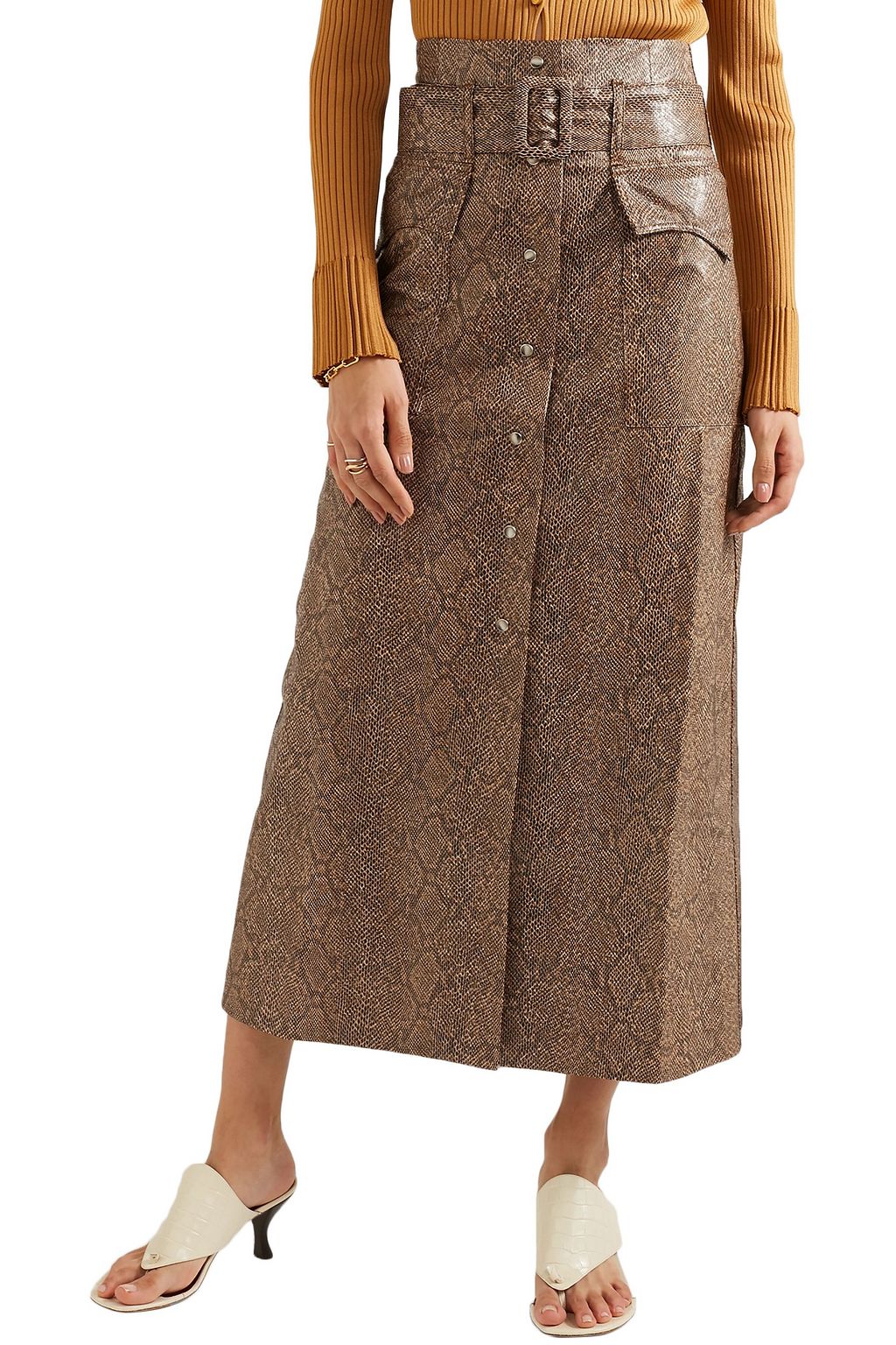 NANUSHKA Aarohi belted snake-effect vegan leather midi skirt
