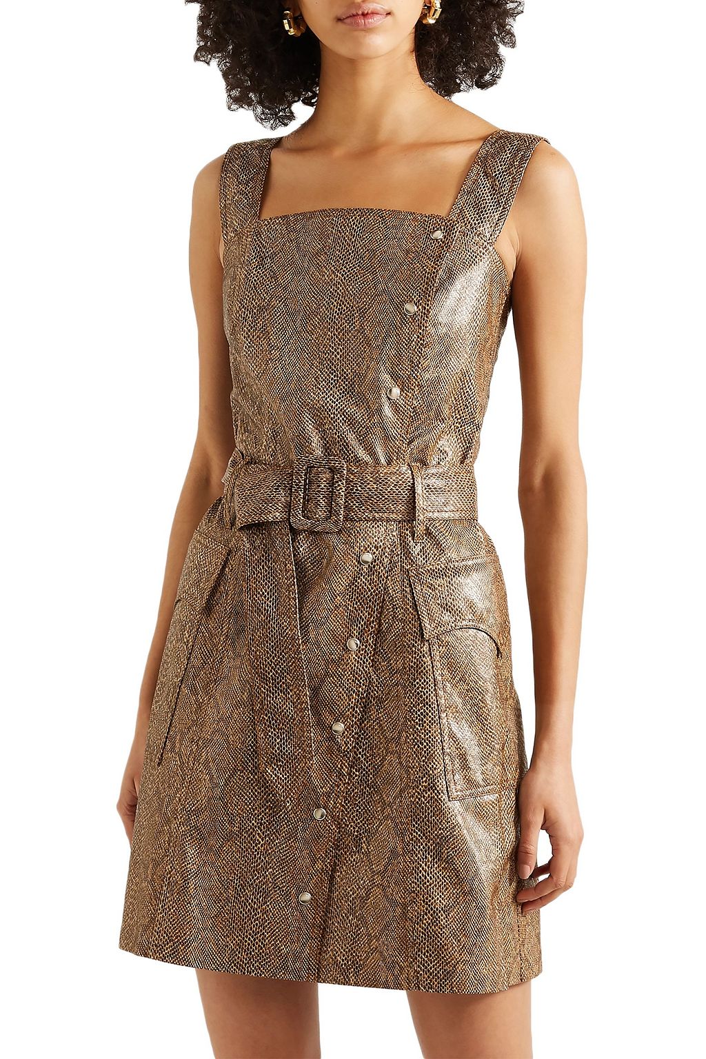 NANUSHKA Lorena belted snake-effect vegan leather mini dress