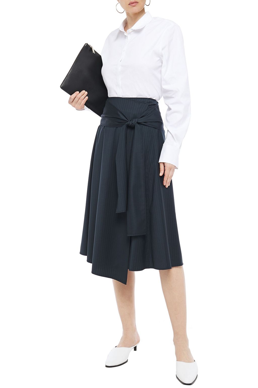 JOSEPH Wrap-effect pinstriped wool-blend twill midi skirt