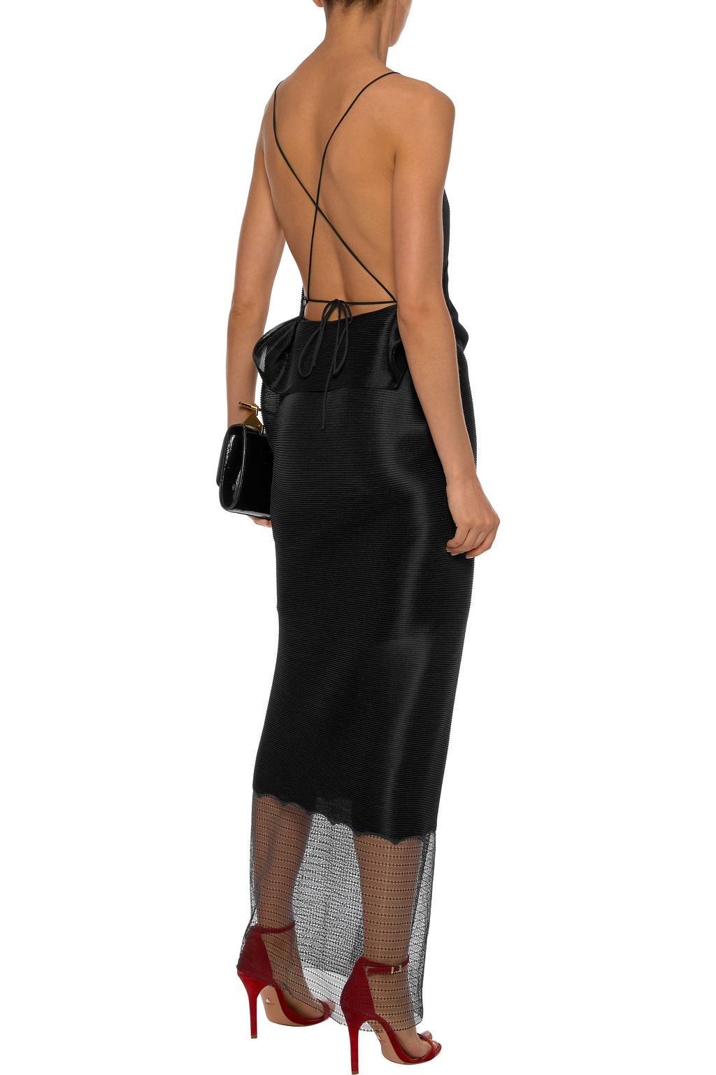 ROLAND MOURET Captiva open-back lace-paneled plissé-jersey maxi slip dress