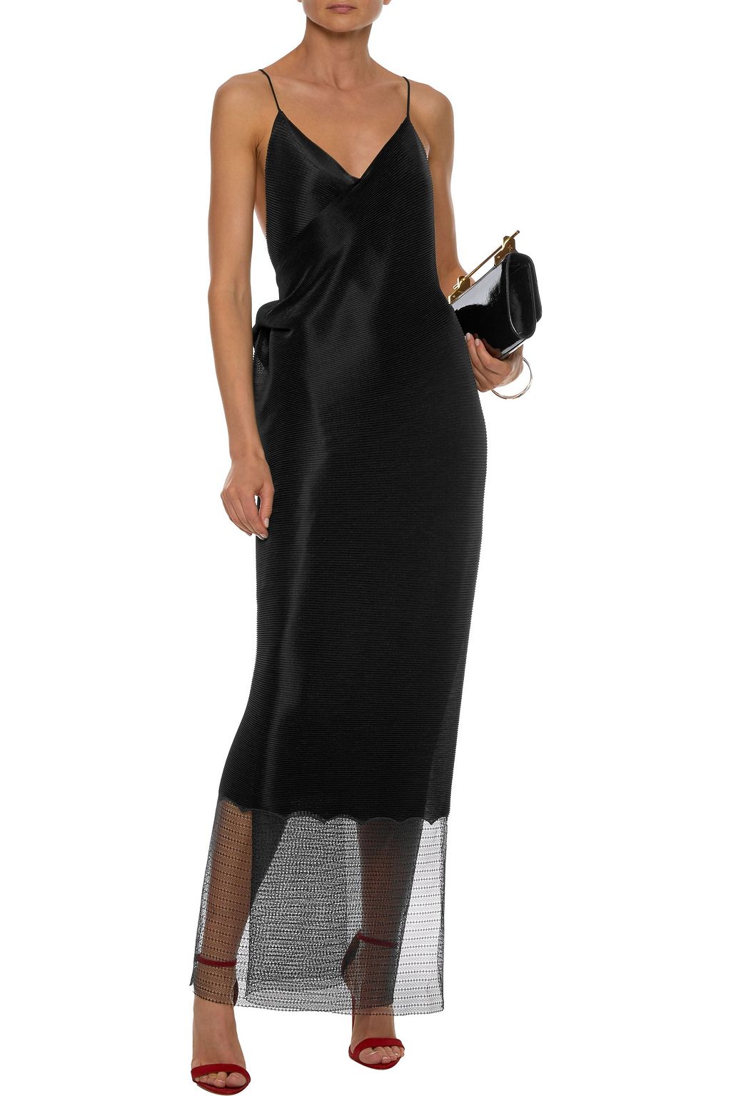 ROLAND MOURET Captiva open-back lace-paneled plissé-jersey maxi slip dress