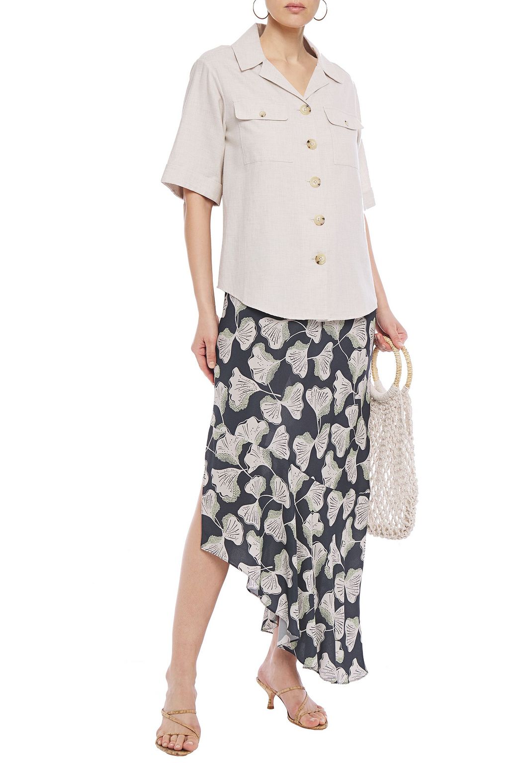 CHARLI Yvonne asymmetric printed crepe de chine midi skirt