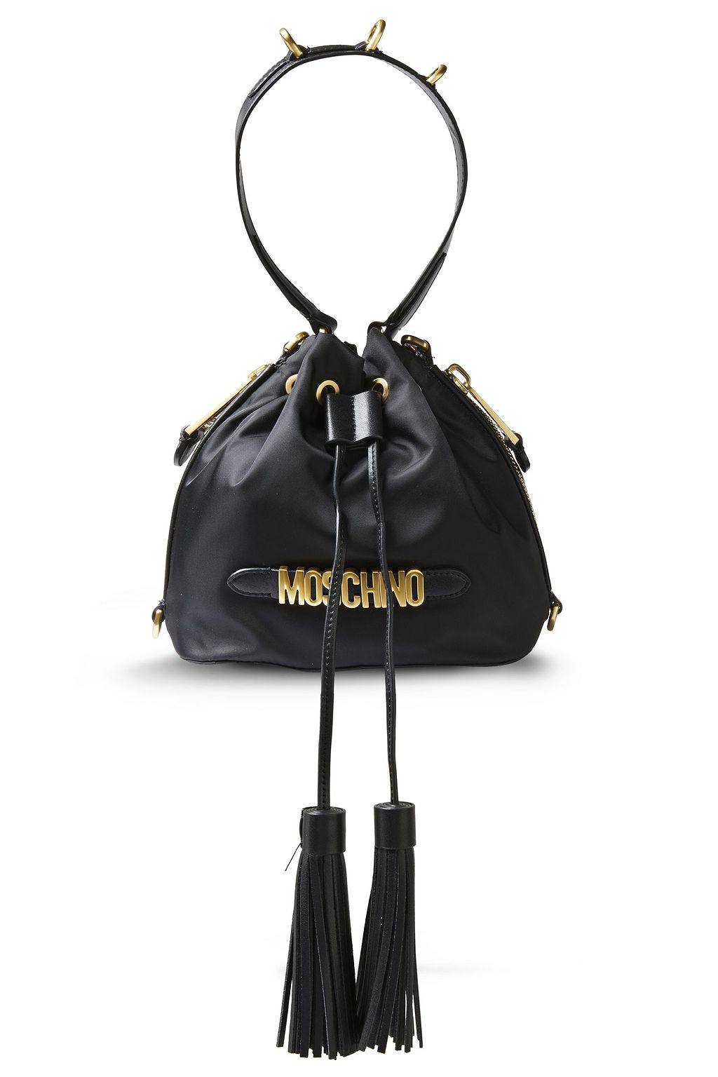 black faux leather bucket bag