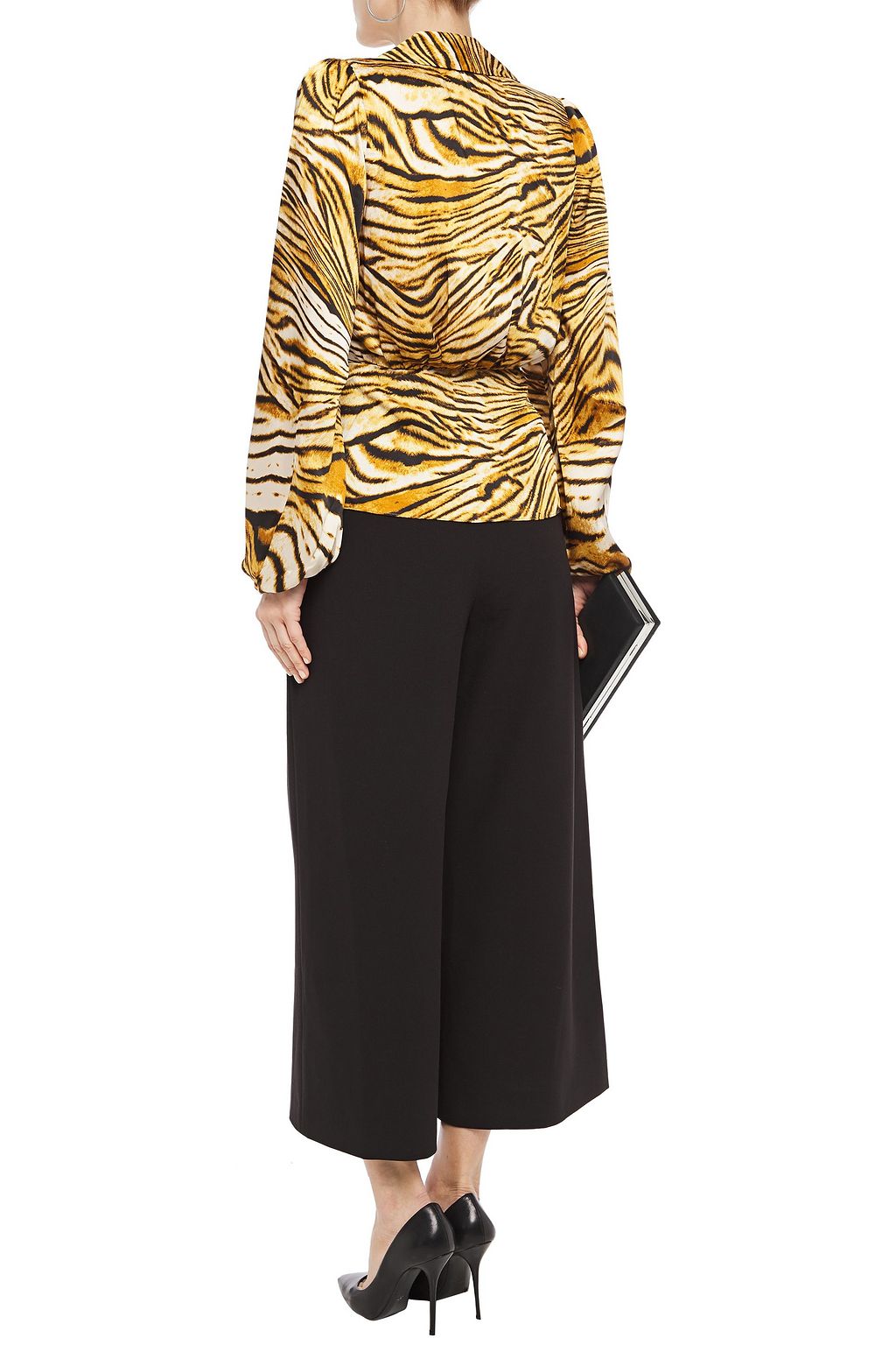 RONNY KOBO Wrap-effect gathered tiger-print twill blouse