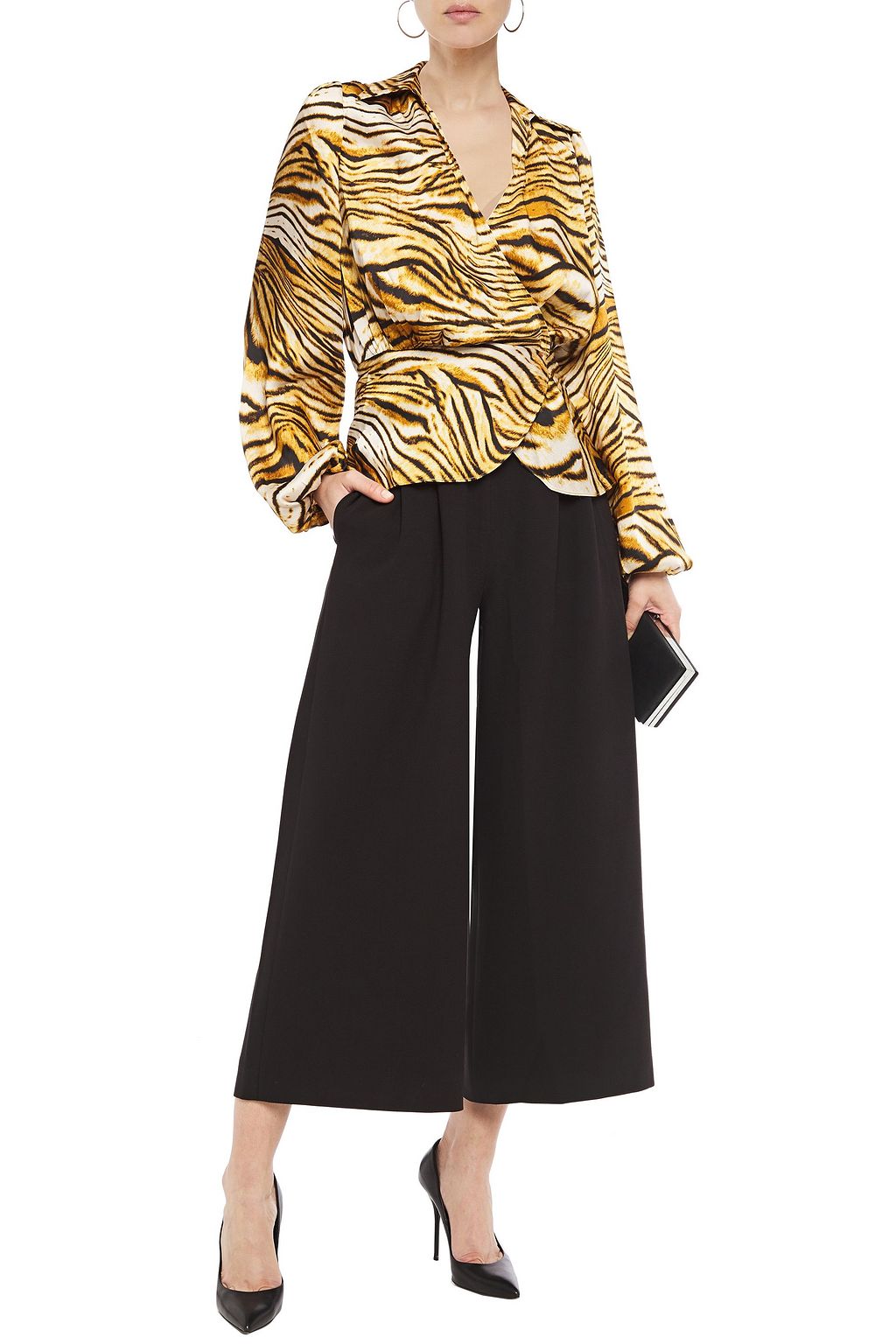 RONNY KOBO Wrap-effect gathered tiger-print twill blouse