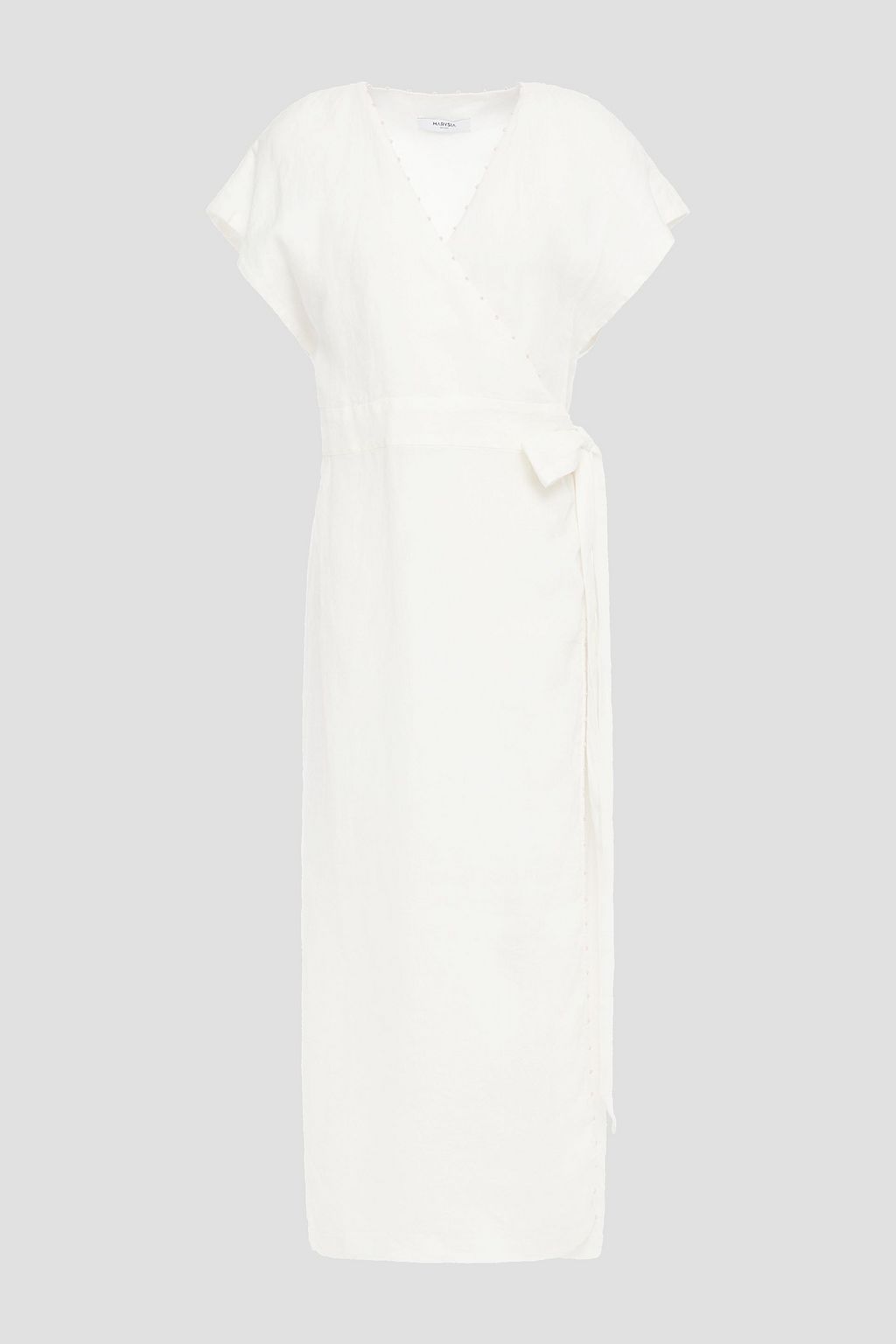 white linen wrap dress
