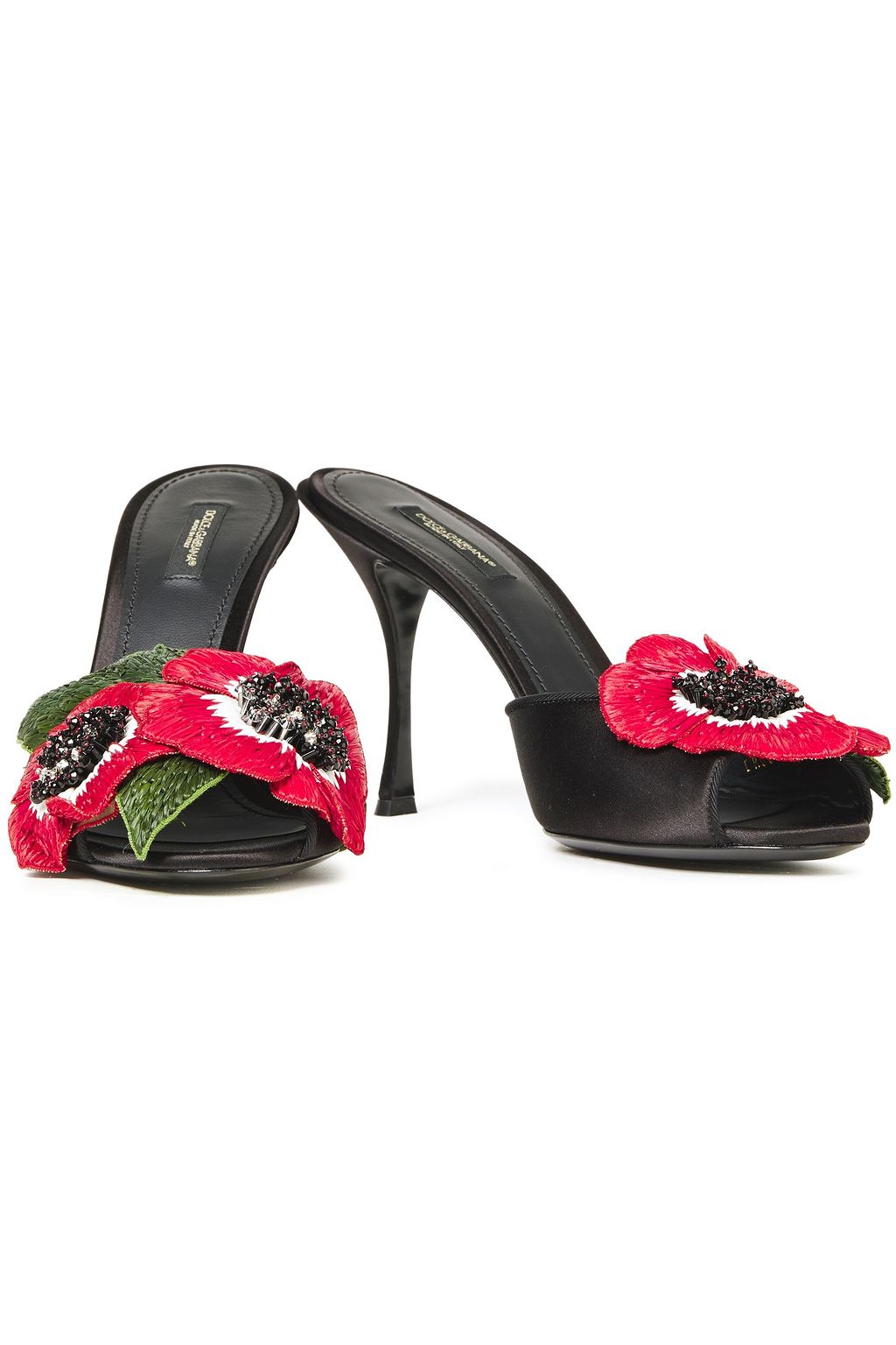 DOLCE&GABBANA Floral-appliquéd satin mules
