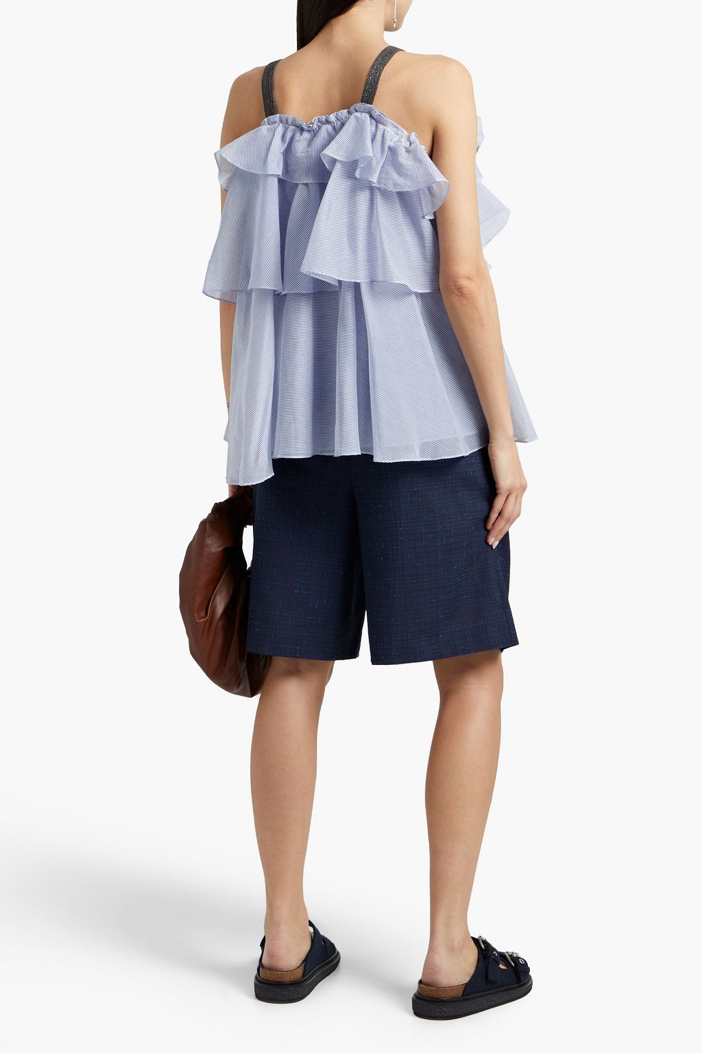 BRUNELLO CUCINELLI Ruffled striped cotton and silk-blend top