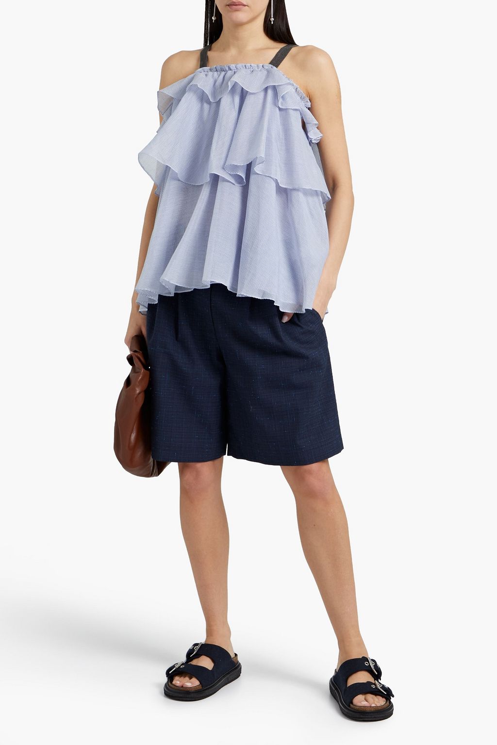BRUNELLO CUCINELLI Ruffled striped cotton and silk-blend top