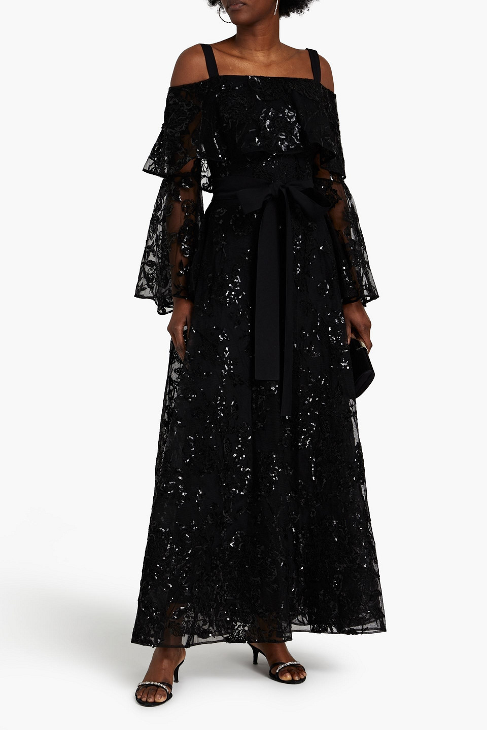 Elie Saab Cold-shoulder Embellished Corded Lace Maxi Dress In Black