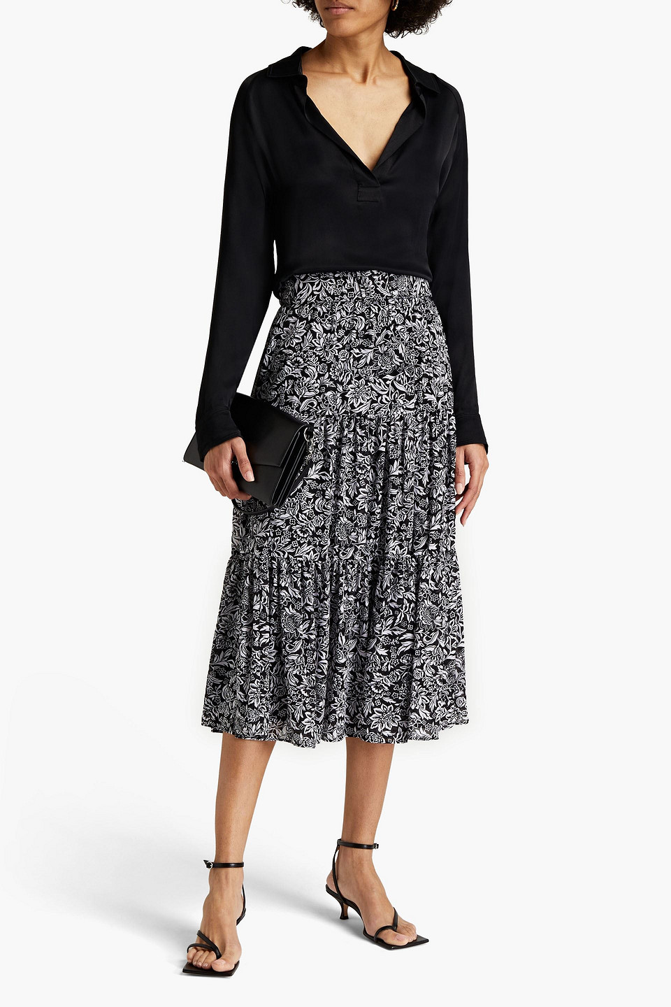 Michael Michael Kors Belted Floral-print Georgette Midi Skirt In Black