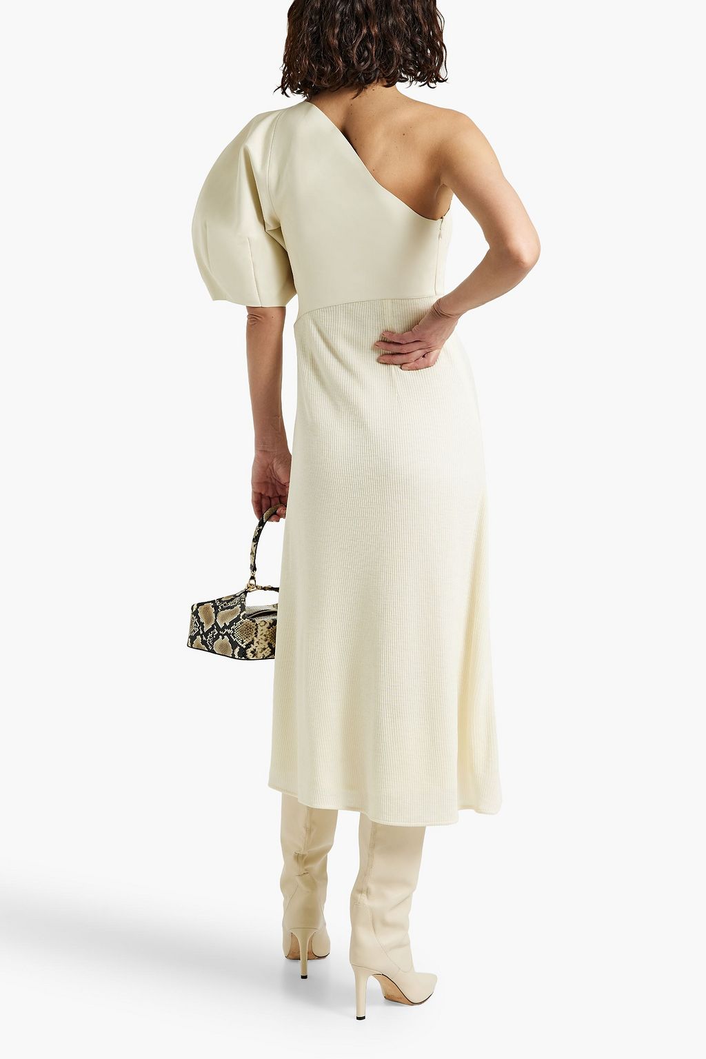 CHLOÉ One-sleeve leather and ribbed wool midi dress