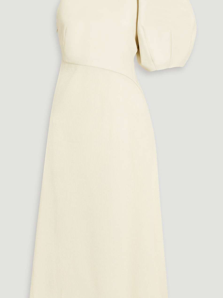 one-sleeve leather and ribbed wool midi dress
