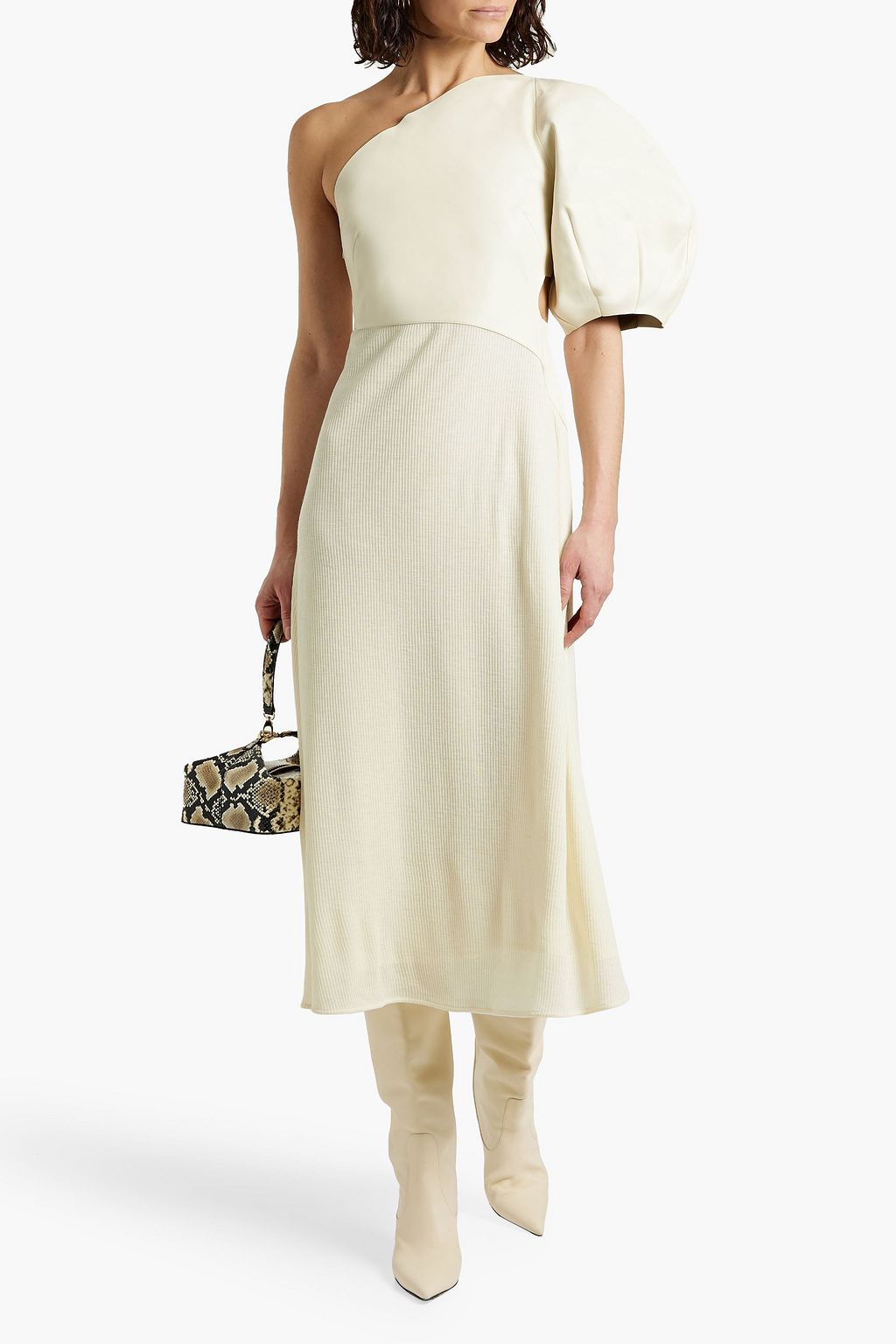 CHLOÉ One-sleeve leather and ribbed wool midi dress