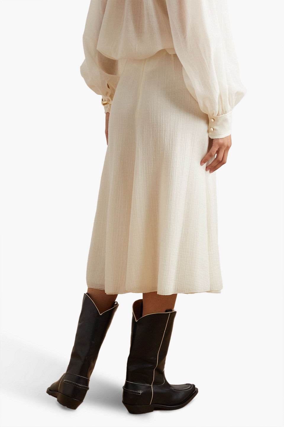 Chloé Belted Wool-gauze Midi Skirt In Elfenbein