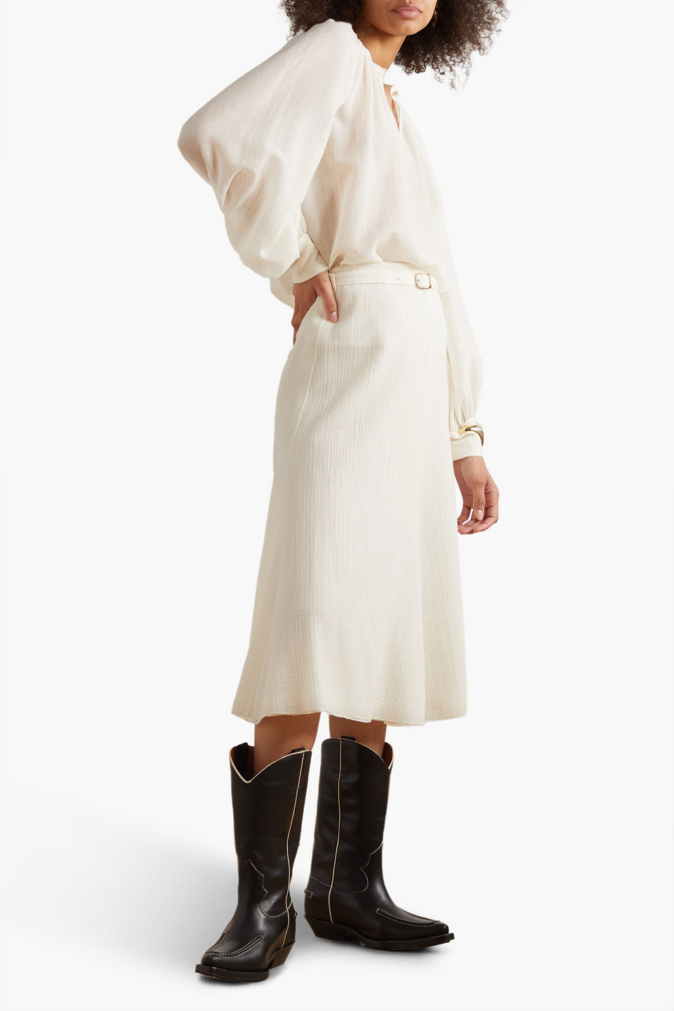 Chloé Belted Wool-gauze Midi Skirt In Elfenbein