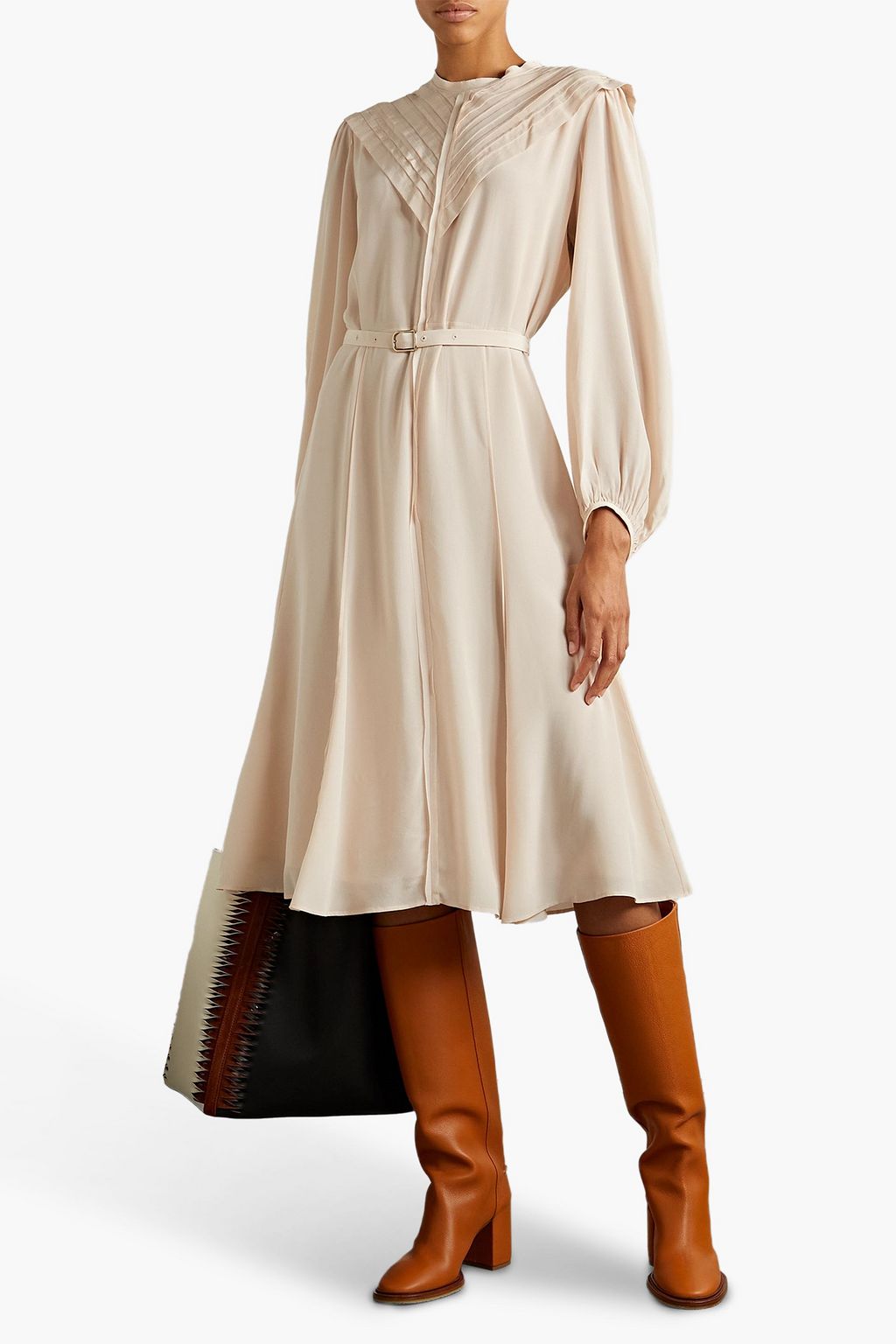 CHLOÉ Pintucked silk crepe de chine midi dress