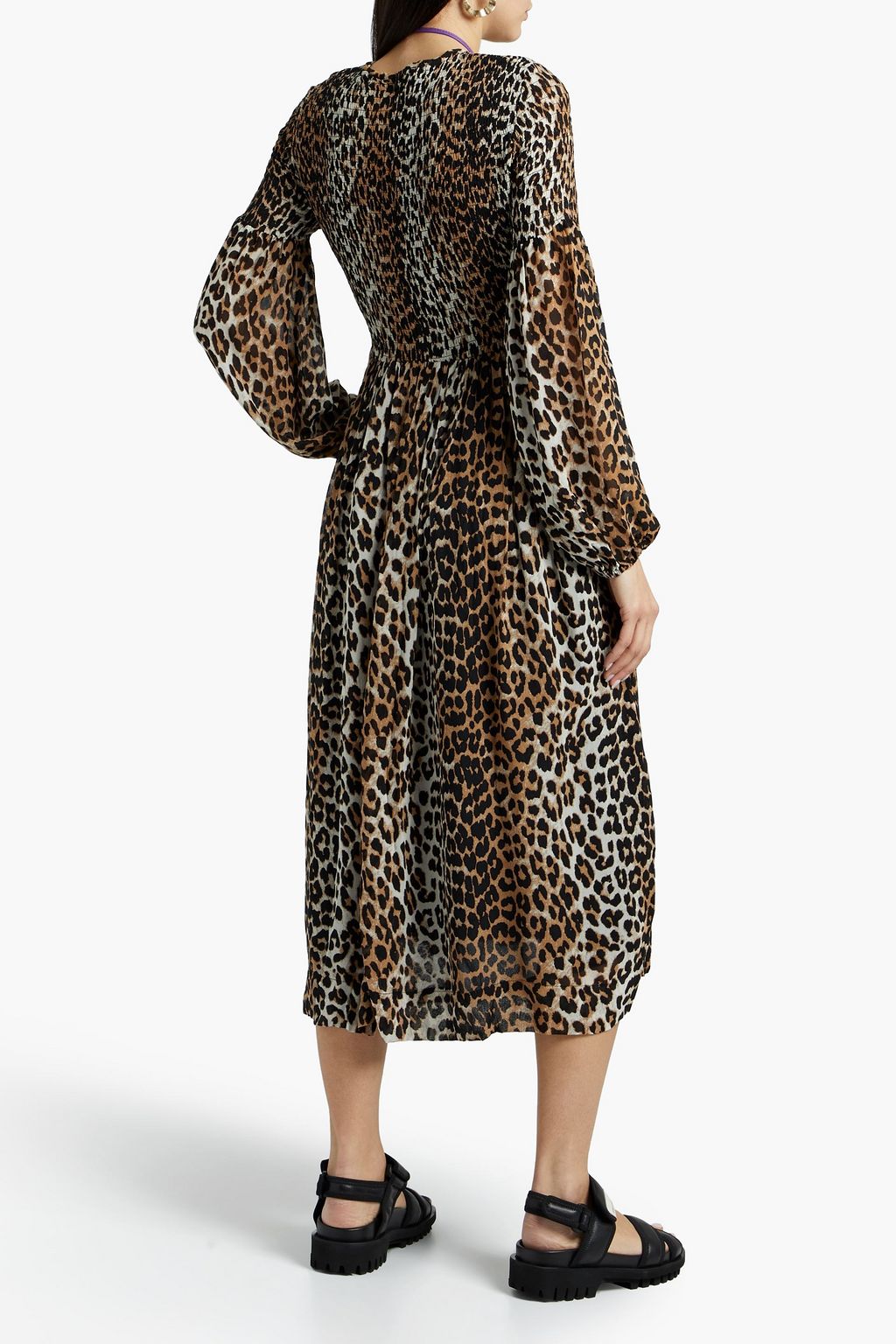 GANNI Shirred leopard-print crepe midi dress