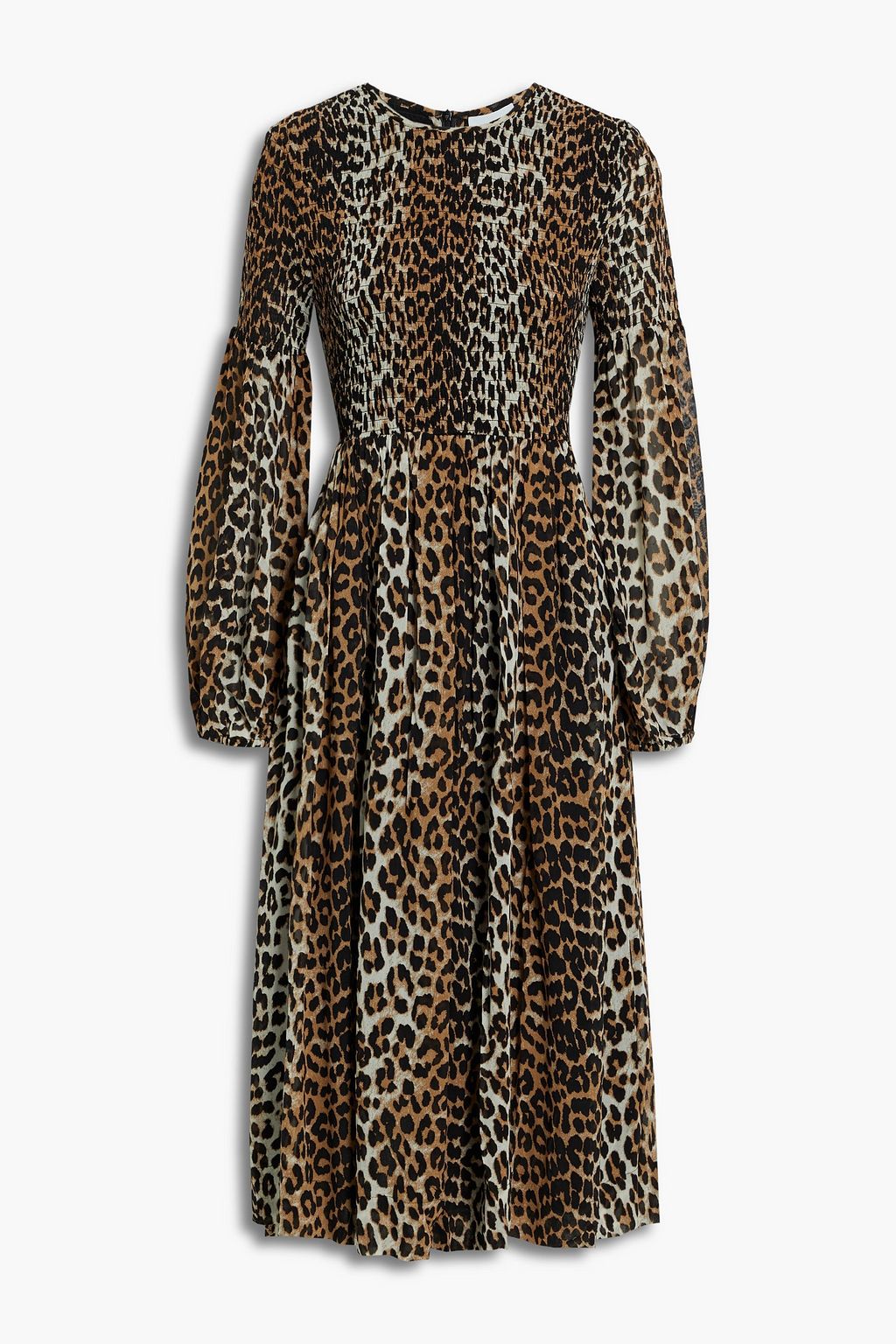 GANNI Shirred leopard-print crepe midi dress | THE OUTNET