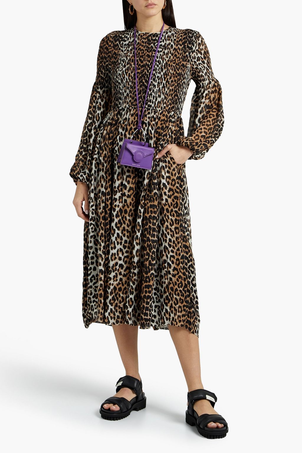 GANNI Shirred leopard-print crepe midi dress