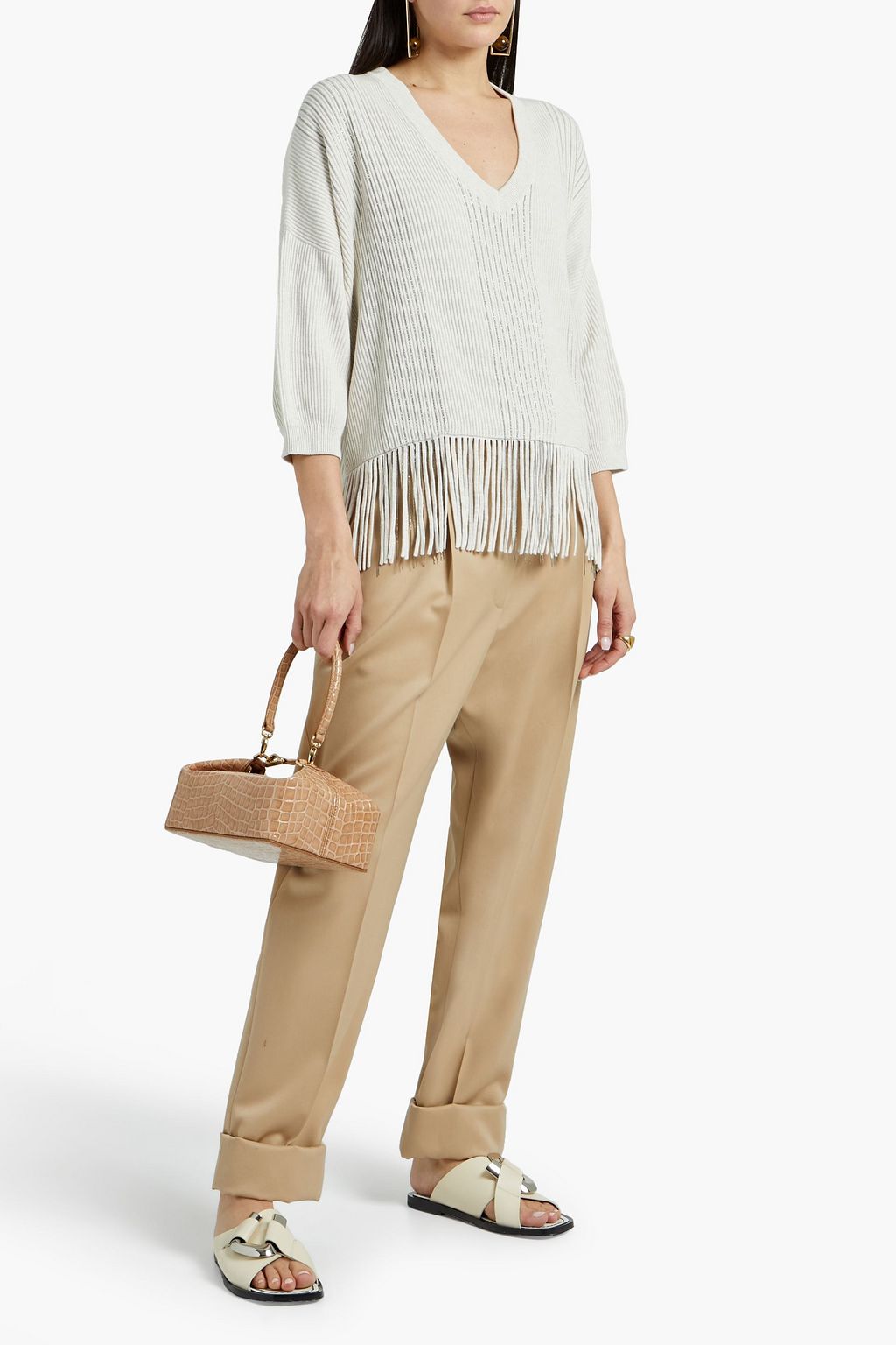BRUNELLO CUCINELLI Fringed bead-embellished ribbed cotton sweater